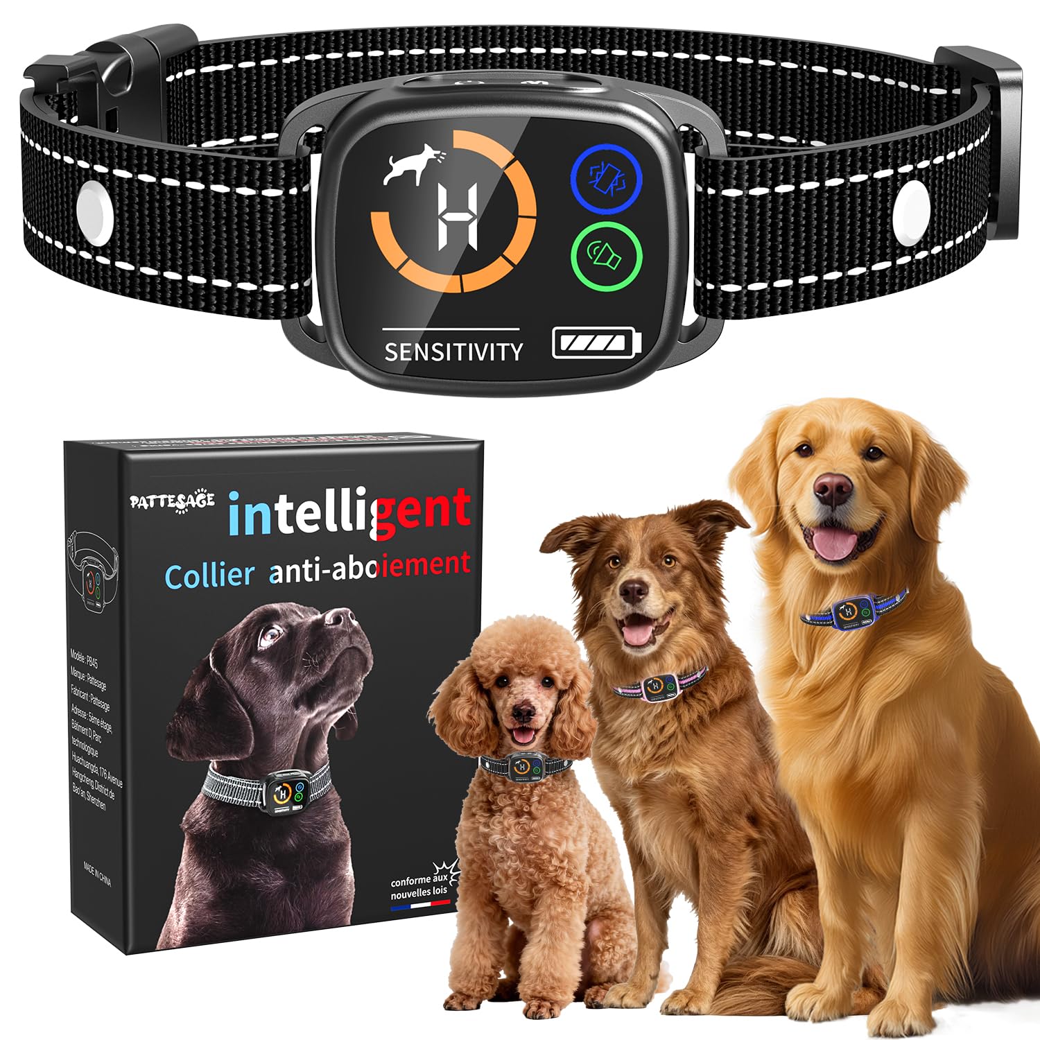PatteSage Collier Anti aboiement Chien Collier Electrique pour Chien 6 Niveaux de Sensibilité Modes Son/Vibration/Vibration Forte Rechargeable Étanche IP67 pour Petit Moyen Grand Chiens - Noir