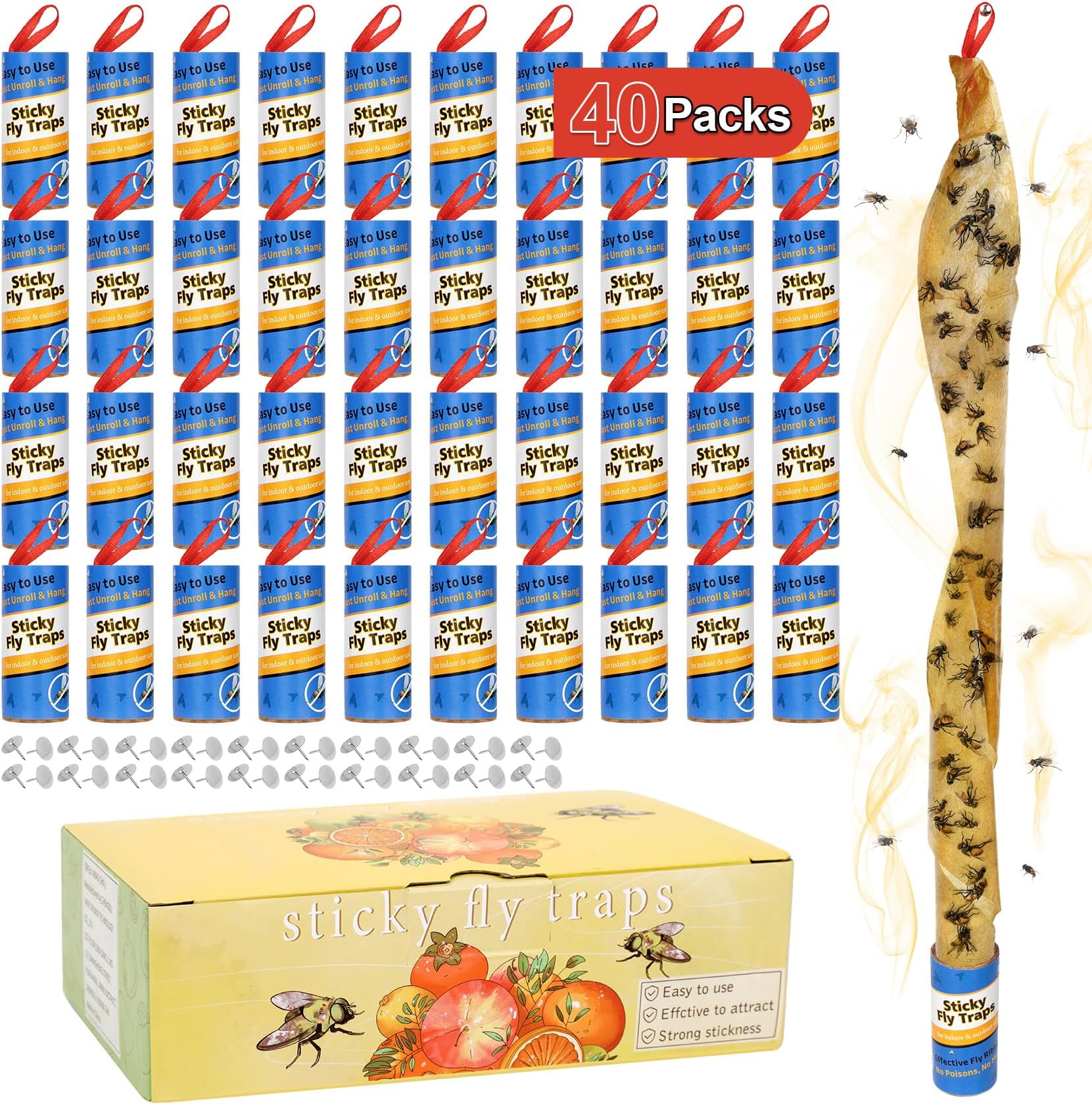 Dwcom 40 Pack Fly Trap, Fruit Fly Traps Indoor for Home, Fly Catcher Fly Strips Fly Tape Fly Paper Fly Ribbon Fly Traps Outdoor, Flying Insect Trap, Gnat Trap for Bug, Insect, Pest, Mosquito