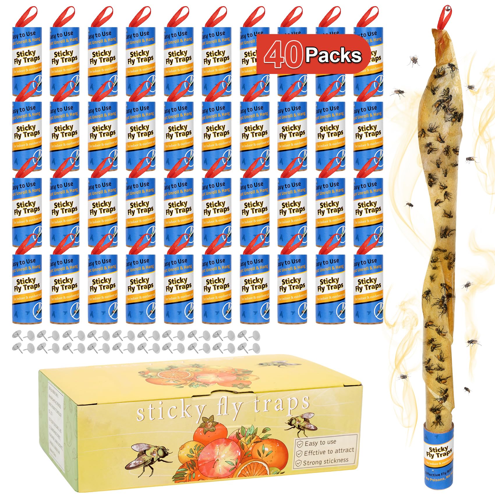 Dwcom 40 Pack Fly Trap, Fruit Fly Traps Indoor for Home, Fly Catcher Fly Strips Fly Tape Fly Paper Fly Ribbon Fly Traps Outdoor, Flying Insect Trap, Gnat Trap for Bug, Insect, Pest, Mosquito