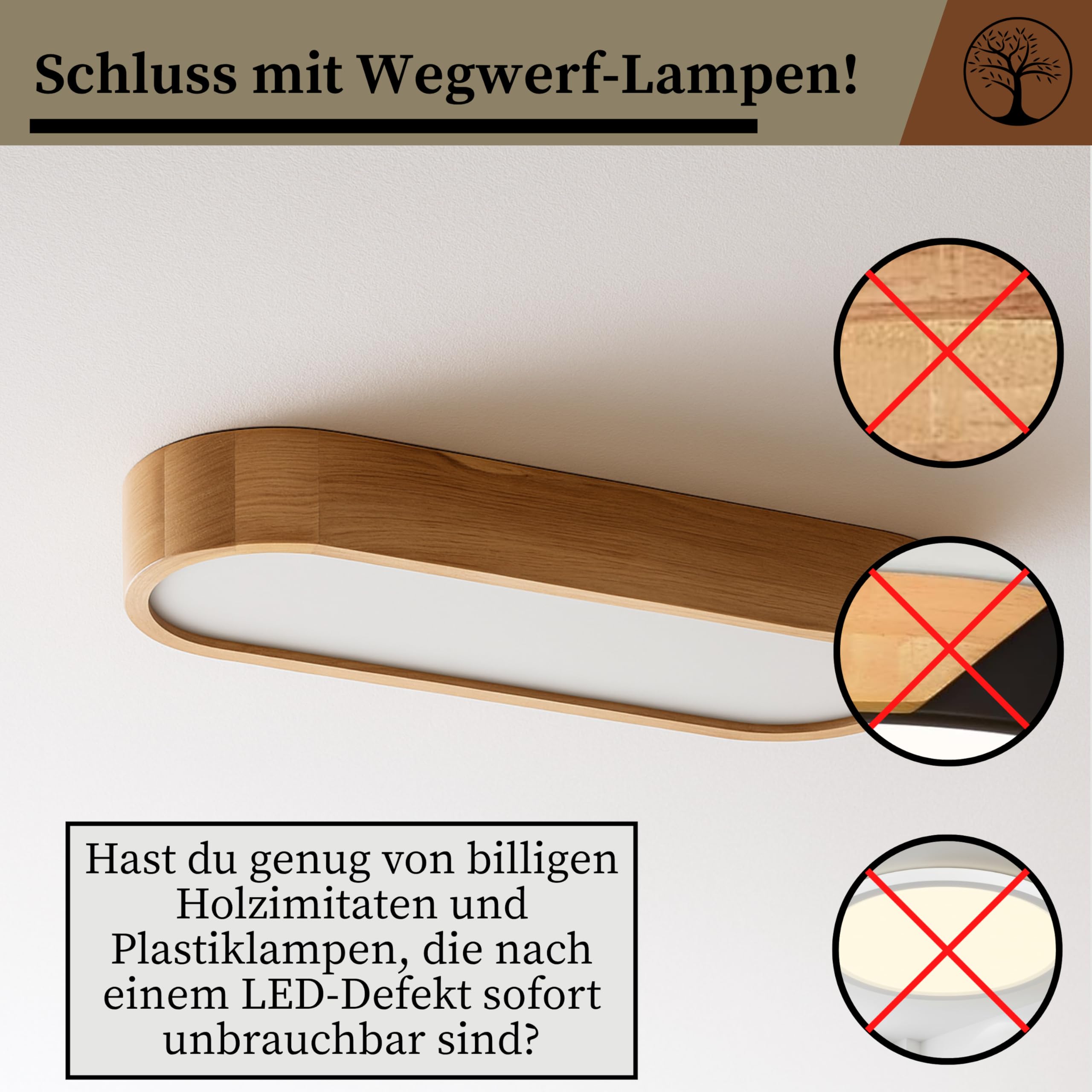Deckenlampe - Oval Holz Deckenleuchte Eiche 3xE27 (68x20 cm) - Modern Beige Lampe für Schlafzimmer, Wohnzimmer, Flur, Küche - Stilvolle Eichenholz LEJA