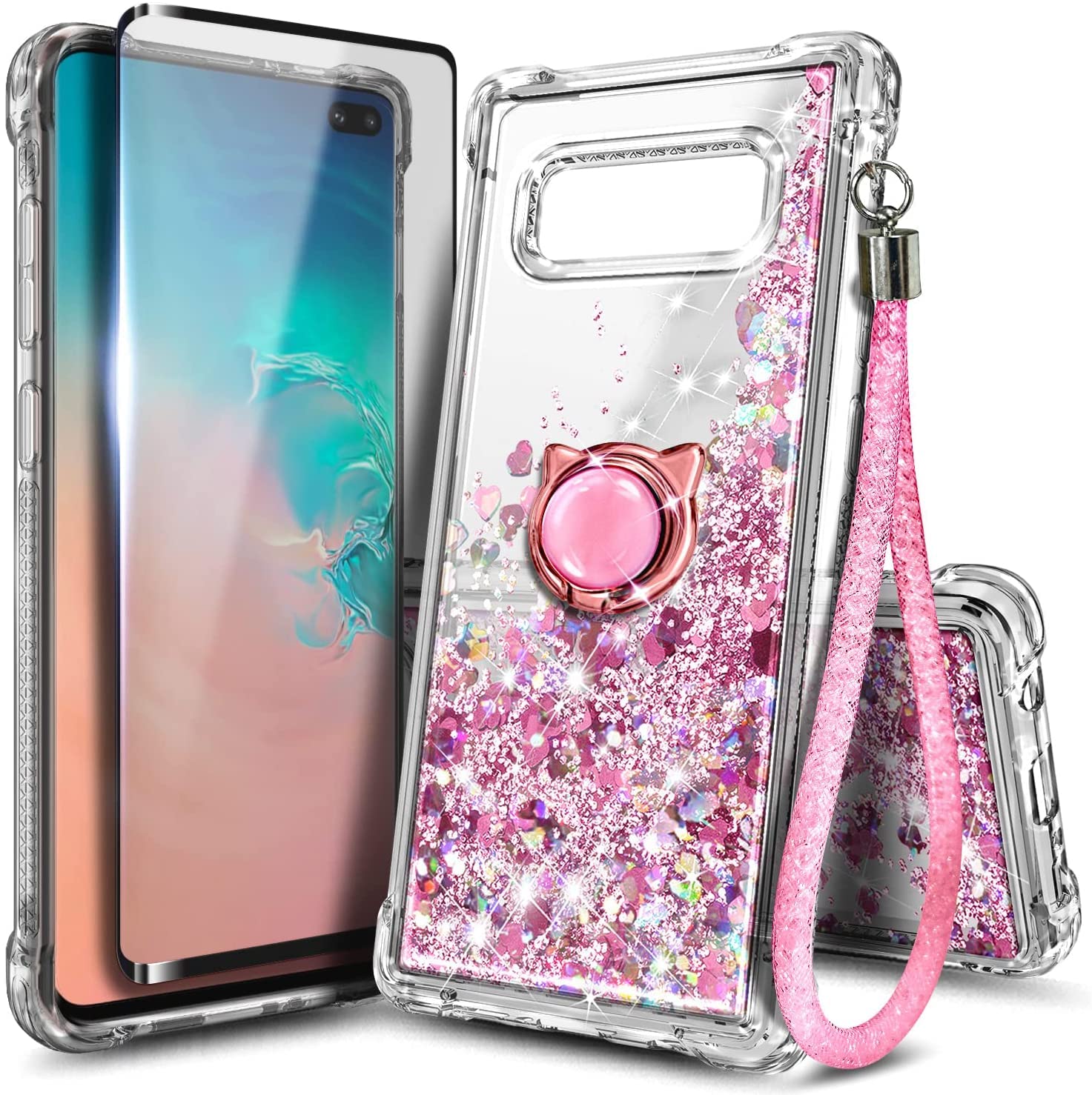 E-Began Case Compatible for Samsung Galaxy S10 Plus with Screen Protector (Maximum Coverage, Flexible TPU Film), Ring Holder/Wrist Strap, Glitter Liquid Girls Women Kids Cute Case -Rose Gold