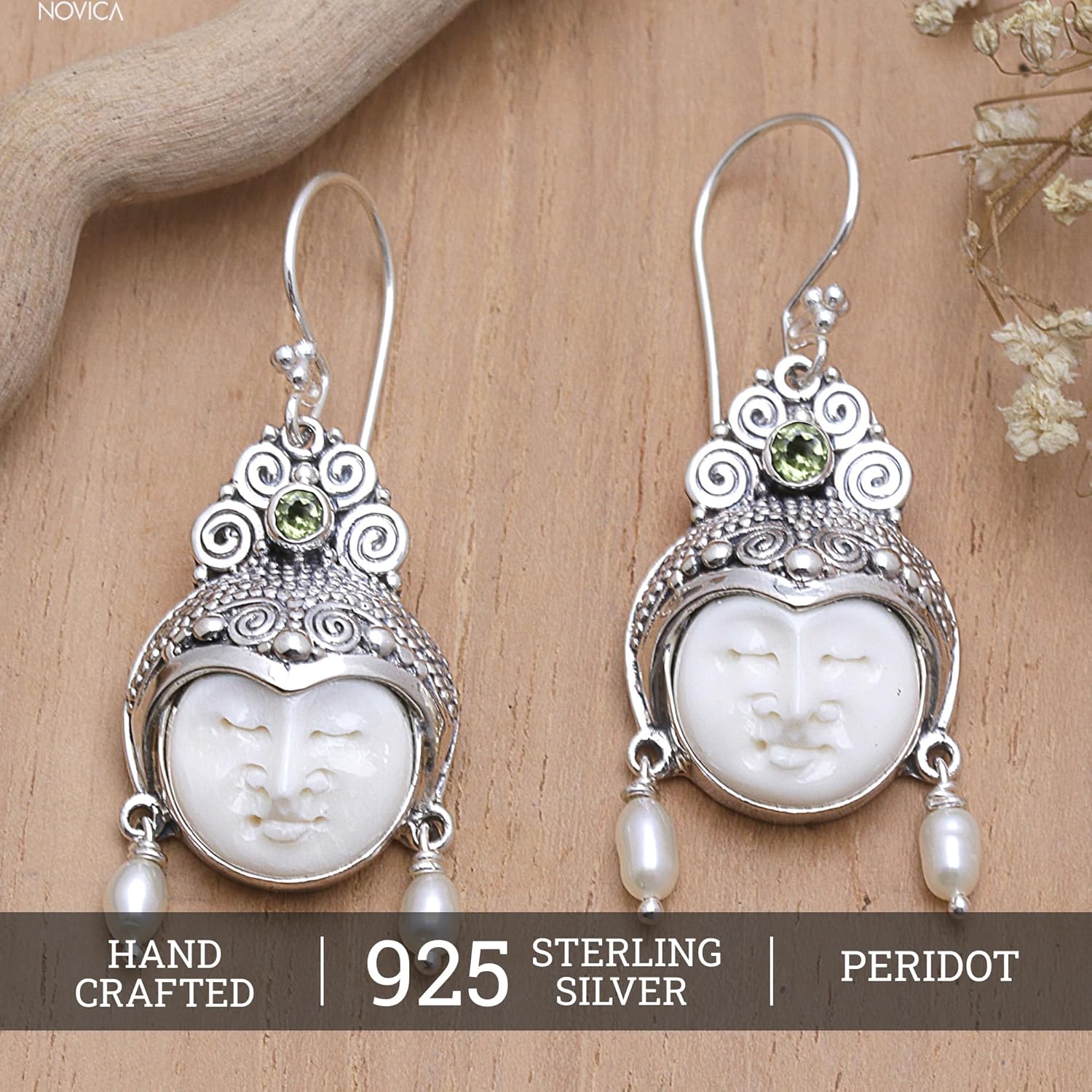 NOVICA Handcrafted .925 Sterling Silver Bone Dangle Handmade Earring | Freshwater Pearl | Artisan Made | Carved by Hand - Image 2