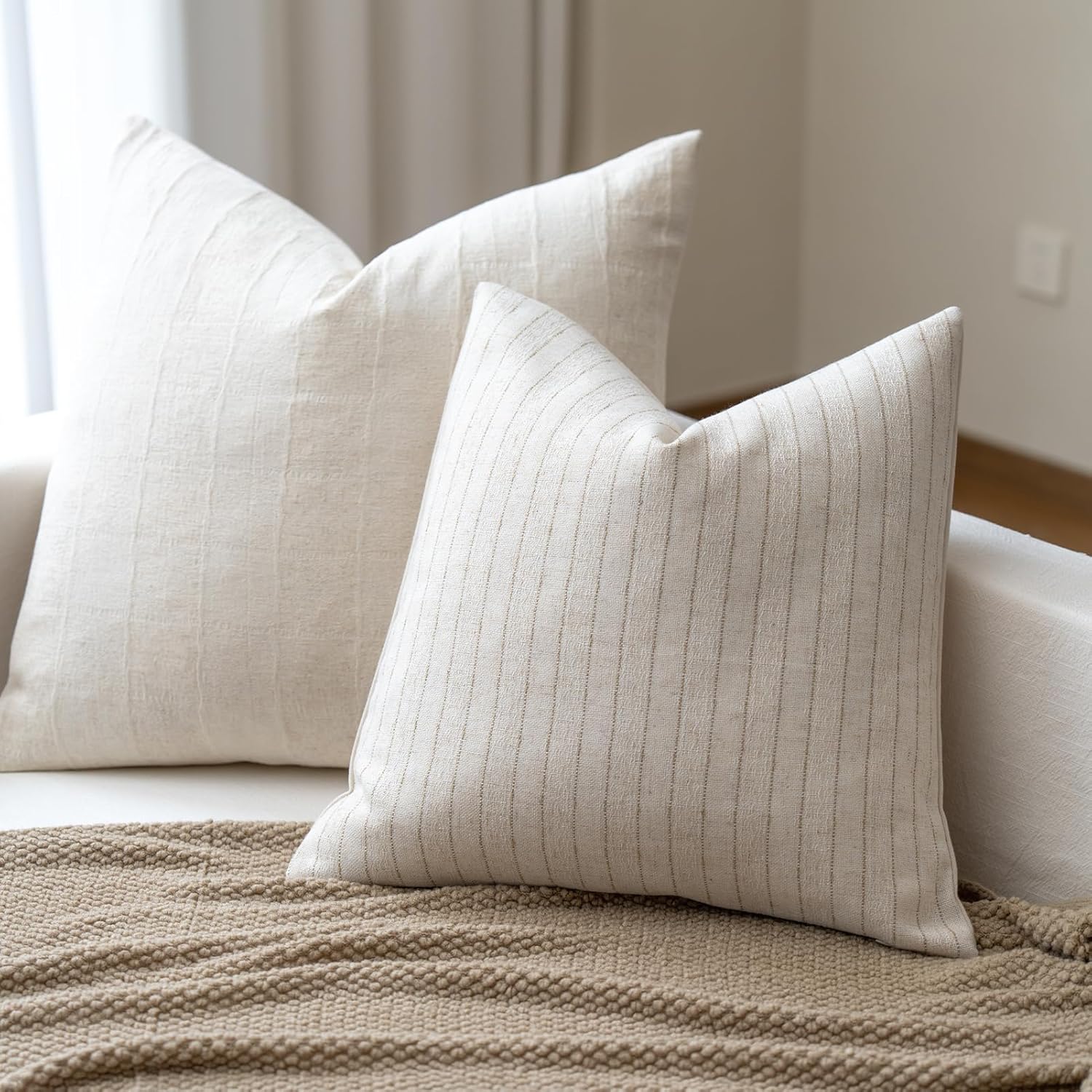 Decorative Neutral Throw Pillow Covers 18x18 Farmhouse Pillow Covers Cotton Stripe Cushion Covers Home Decor for Sofa Couch Living Room Bedroom 1PC, Pinstripe - Image 7