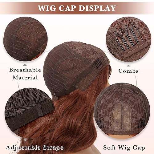 Miniatura 3 de CLOVAD Pelucas largas y onduladas de color rojo cobre para mujer, peluca ondulada, pelo sintético resistente al calor, peluca de repuesto de cabello