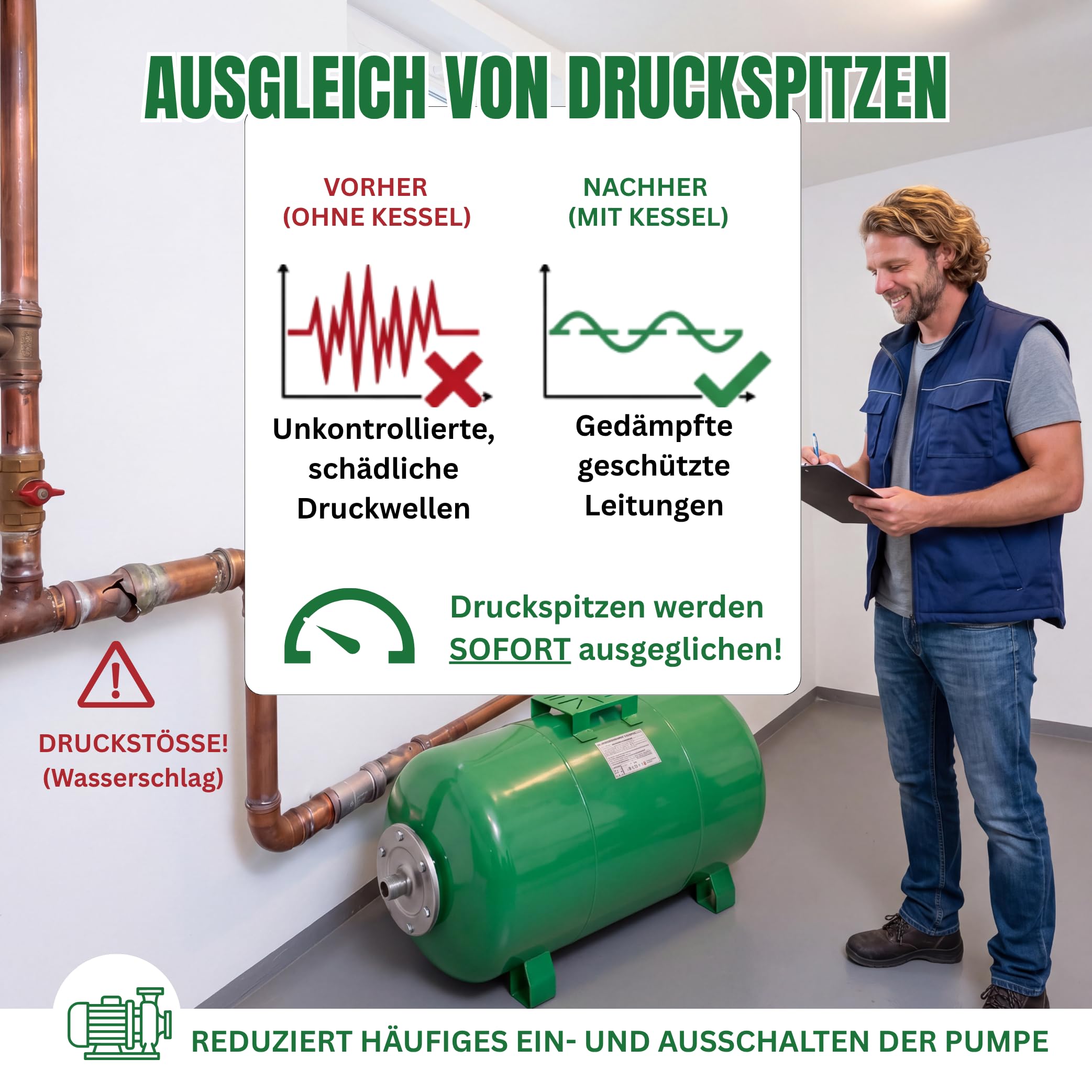 CHM Membrankessel 150 L horizontal, 10 bar, Trinkwasser, Butyl-Membran | Ausdehnungsgefäß/Druckkessel für Hauswasserwerk & Druckerhöhungsanlage, Anschluss 1" AG, Stahlkessel, austauschbarer Membran