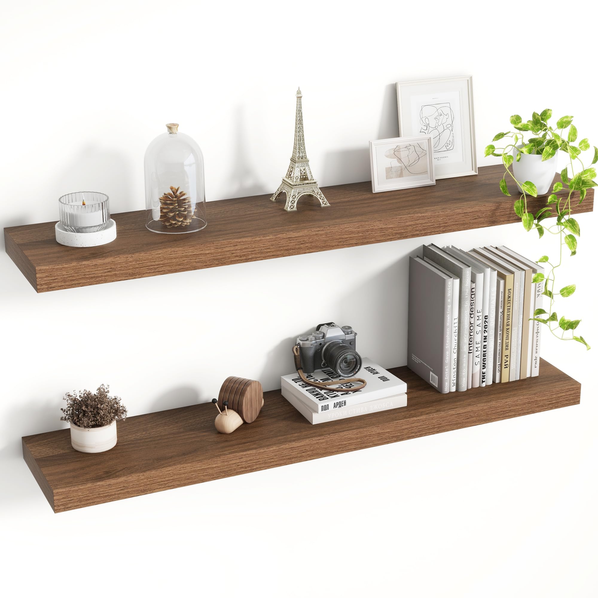 Acovy 36 Inch Floating Shelves, 8 Inch Deep Floating Shelves for Wall, Hanging Shelf with Invisible Brackets, Deep Shelves for Bathroom, Bedroom, Living Room, Walnut, Set of 2 — image 1