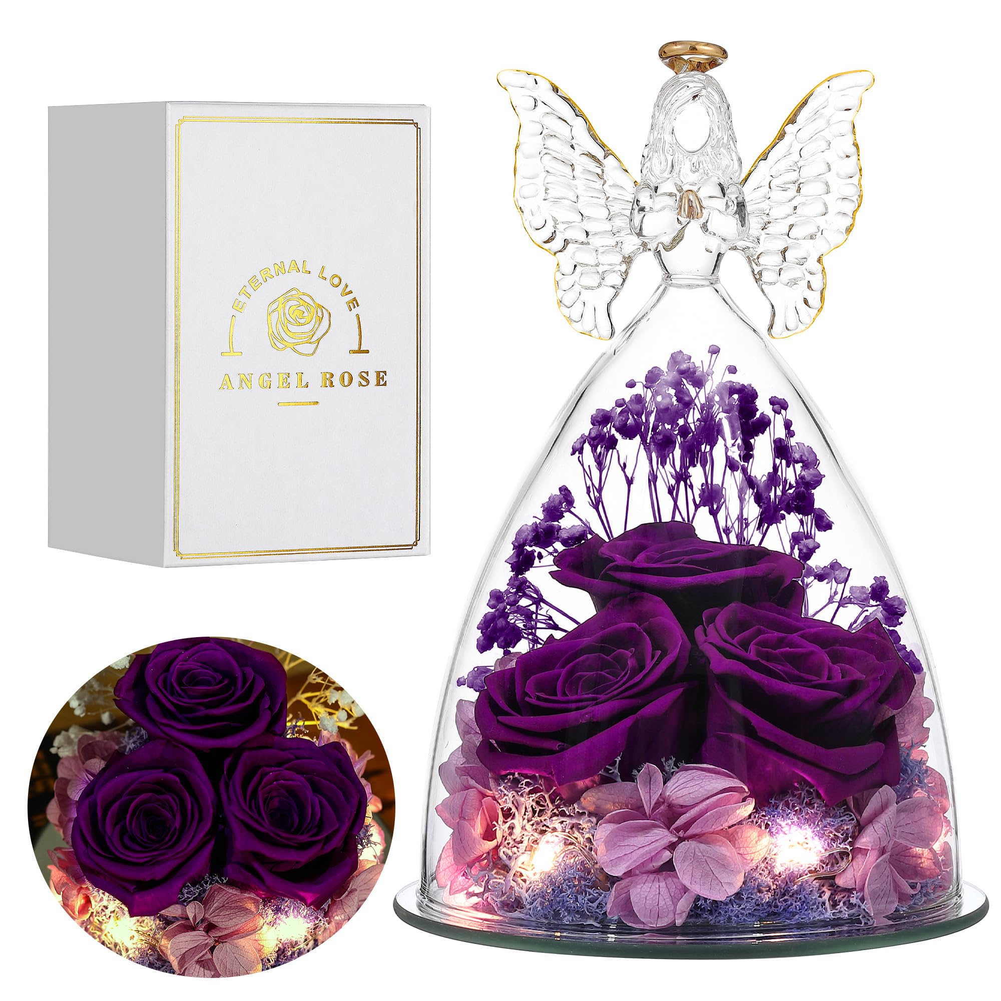 Valentines Day Gifts for Women, Glass Angel Figurine with Three Roses Gifts,Preserved Forever Real Rose Gifts for Women, Angel Guardian with Rose Flower Gift, Full Purple