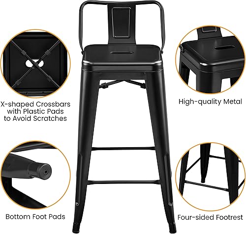 Miniatura 6 de Yaheetech Juego de 4 taburetes de bar de metal de 26 pulgadas, con respaldo bajo, taburetes de cocina para interiores y exteriores, sillas de bar