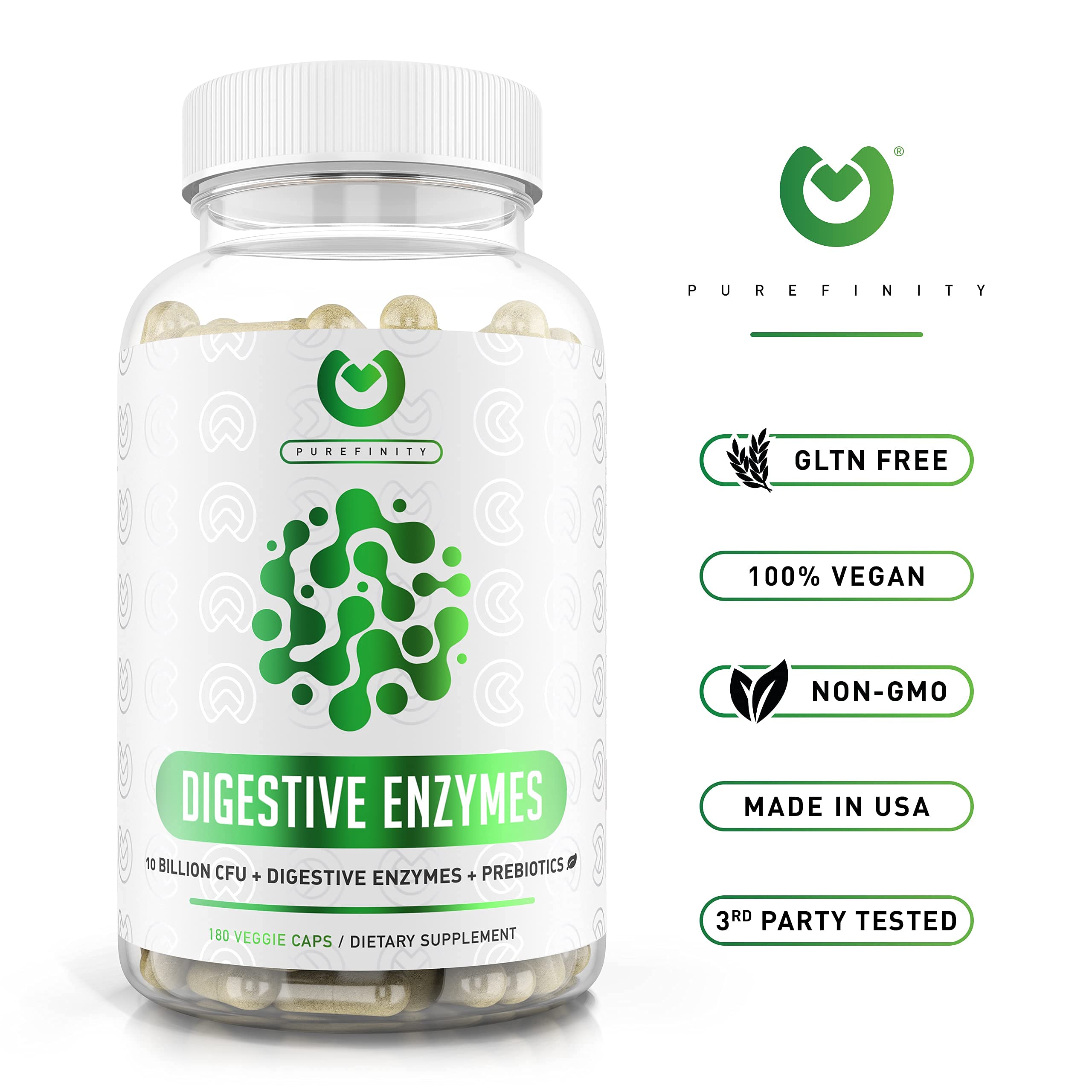 Digestive Enzymes 1000MG Plus Prebiotics & Probiotics Supplement, 180 Capsules, PlantBased