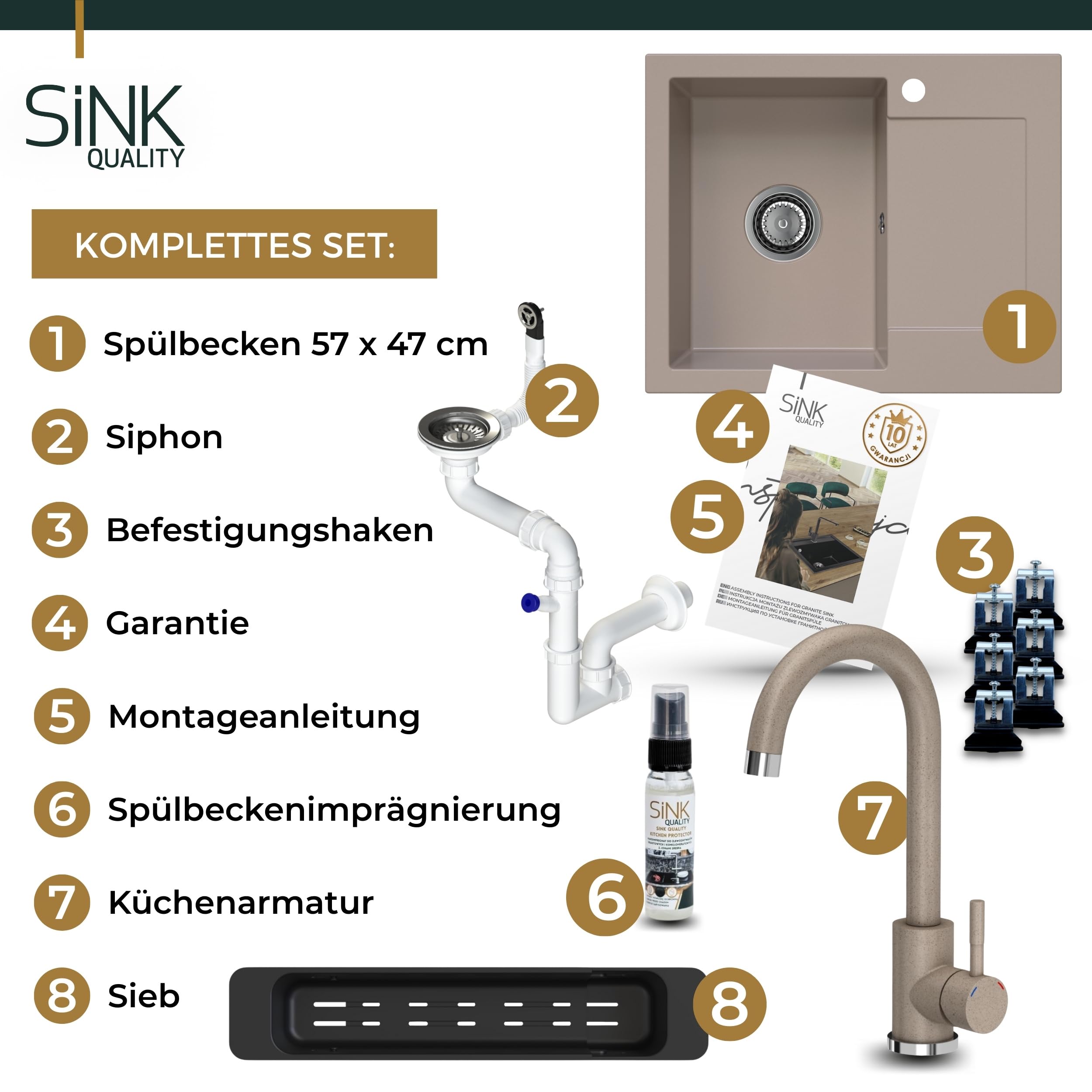 SINK QUALITY zlewozmywak granitowy beżowy z armaturą 58 x 47 - zlewozmywak z syfonem i środkiem impregnującym - zlewozmywak kuchenny beżowy z ociekaczem do szafki pod umywalkę 50