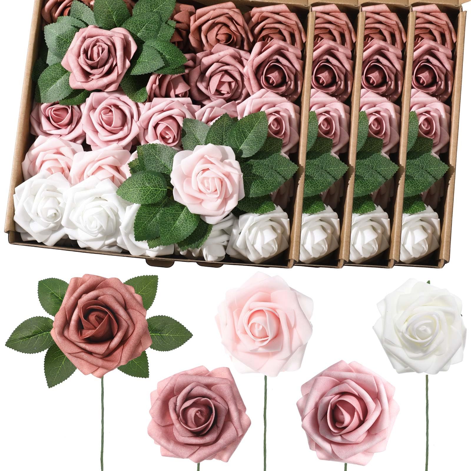 Luinabio 100 Pcs Artificial Rose Flowers, Shades of Dusty Pink