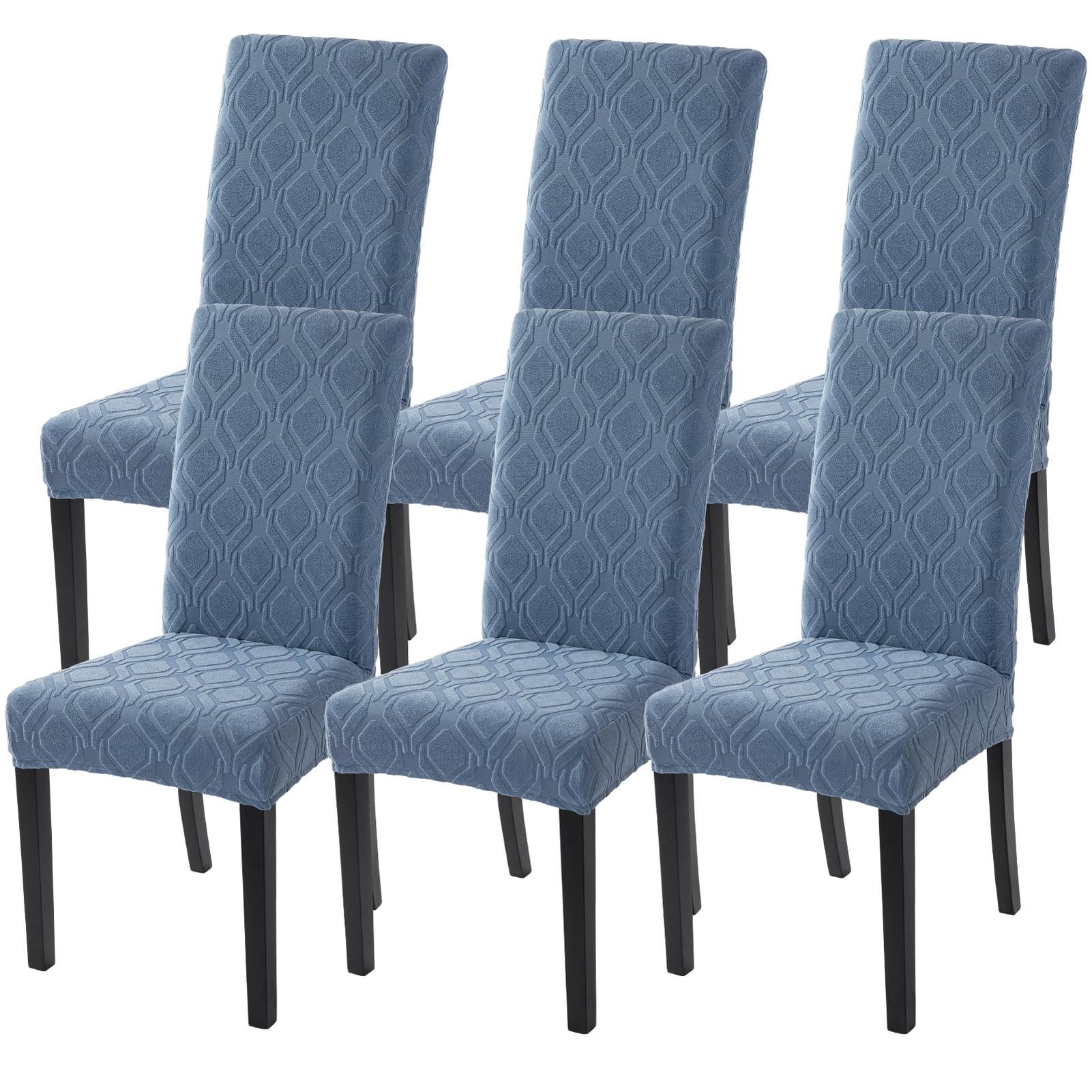 SearchI Dining Room Chair Covers Set of 6, Stretch Jacquard Parsons Chair Slipcovers Spandex Removable Washable Kitchen Chair Protector Cover for Dining Room, Hotel, Ceremony (Gray-Blue Geometric)