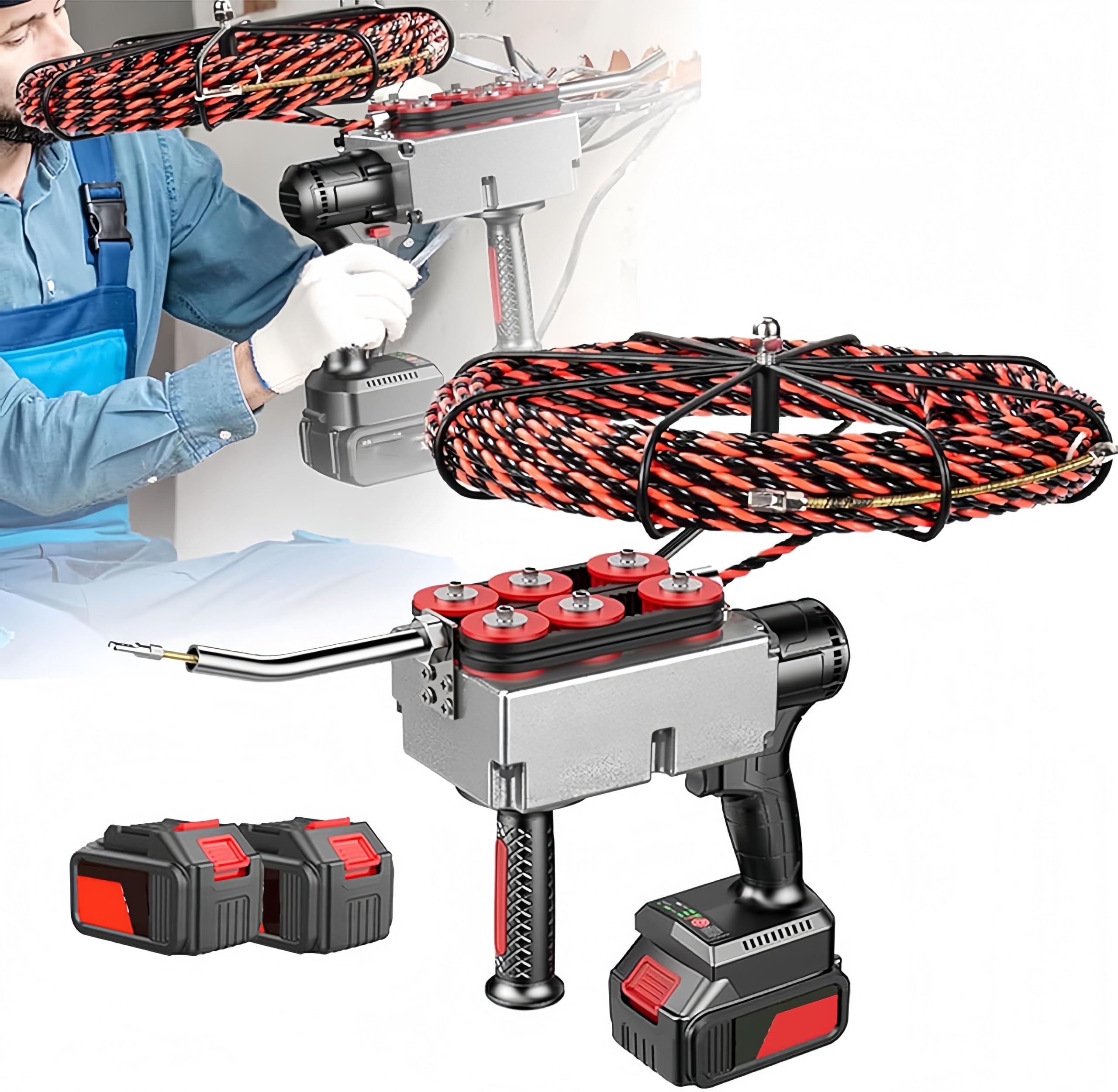 GuíA Pasacables InaláMbrica,Cinta Pasacables,40 M/Min, Motor Sin Escobillas De 21 V Y 4,0 Ah,Cable GuíA De 100 Pies para Tendido De Cables EléCtricos A TravéS De Paredes. 2Battery-37500mah