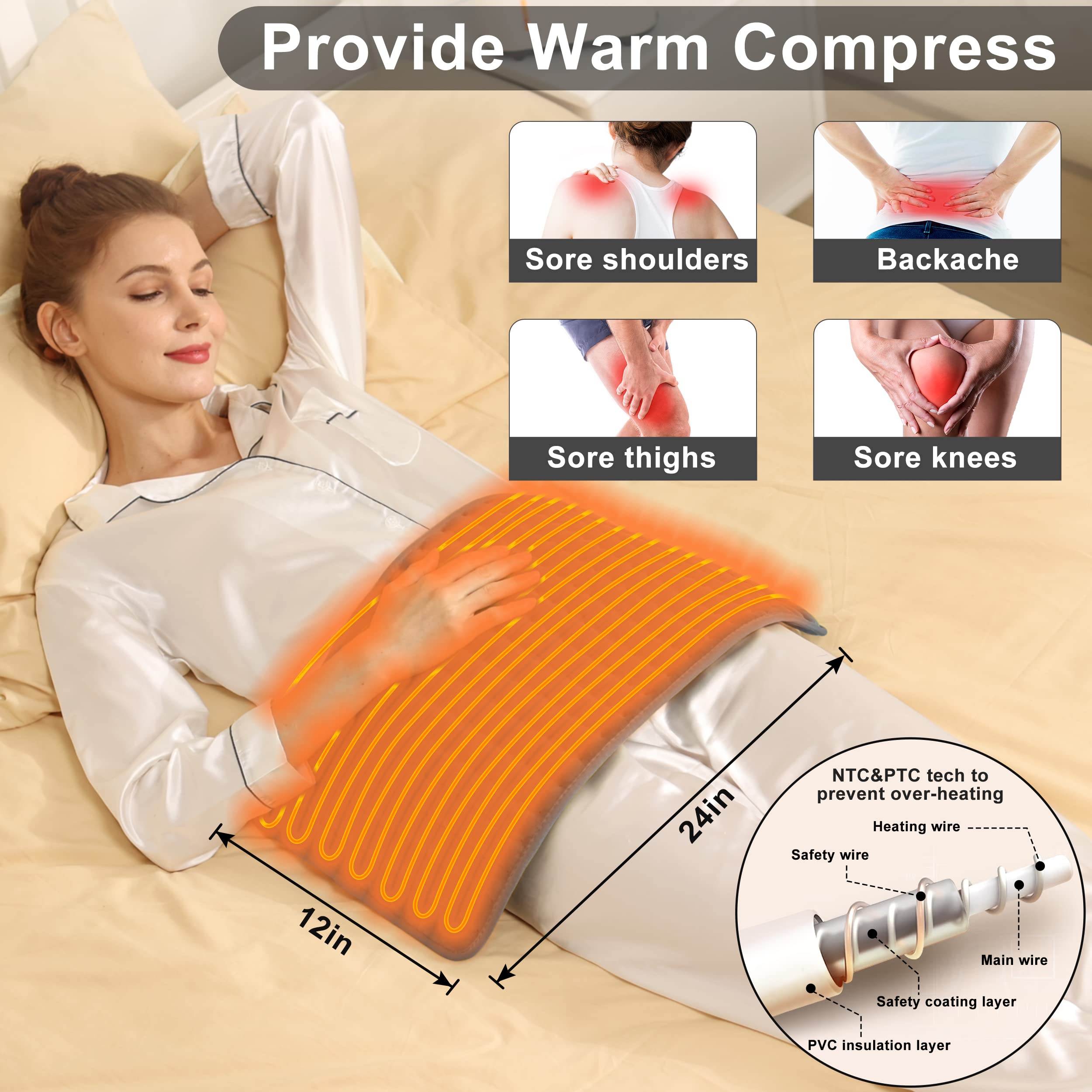 VANKADA Almohadilla térmica eléctrica, almohadilla térmica caliente, múltiples ajustes de temperatura y temporizador, adecuada para hombros, cuello, brazos, abdomen, espalda, piernas, etc. (gris verde