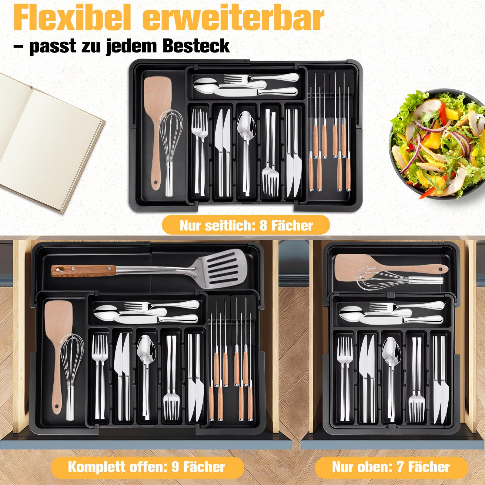 Besteckkasten für Schubladen 47 tief - Erweiterbarer Besteckschublade Einsatz mit 2 Abnehmbaren Messerblöcken, Organizer Küche Besteck in groß ausziehbar bis 56x48 cm, Küchenzubehör