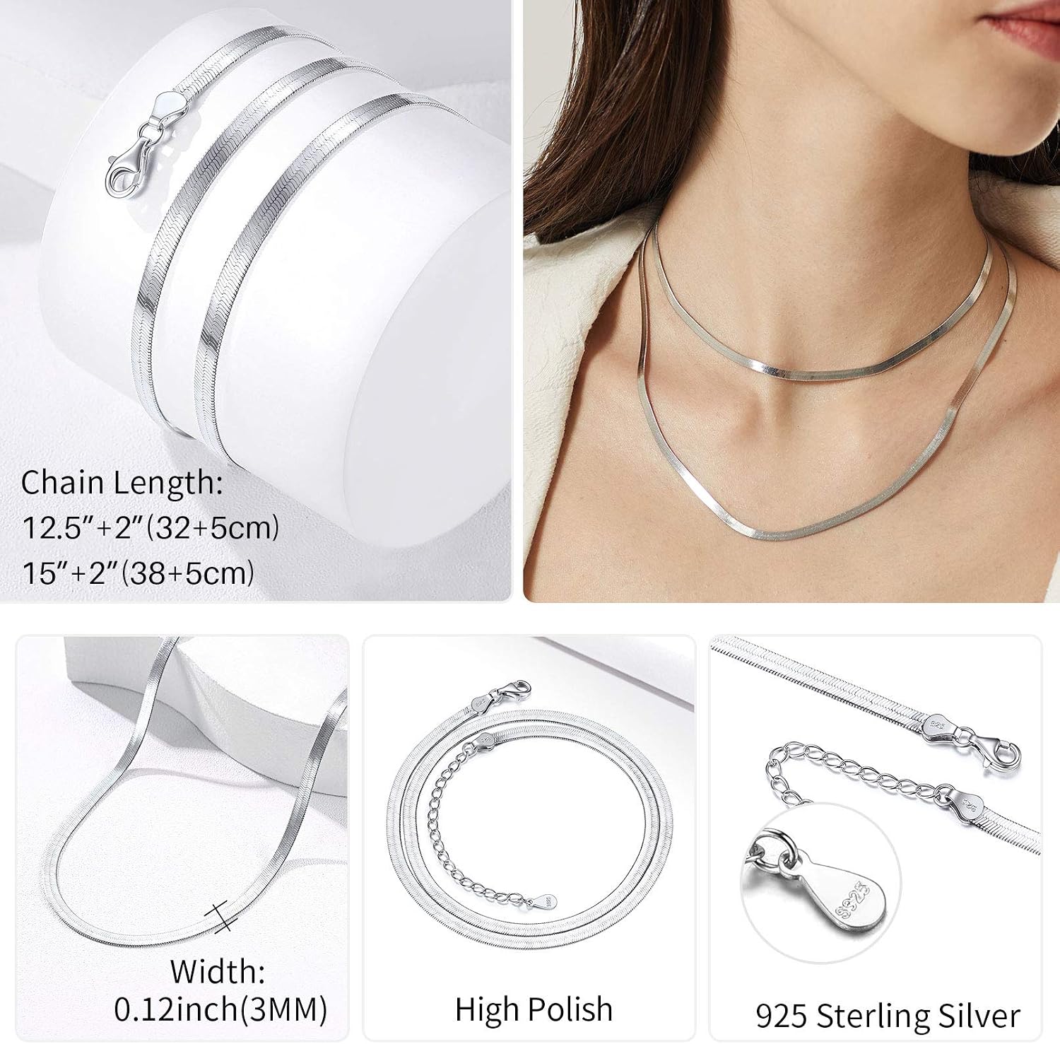 ChicSilver 925 Sterling Silver Flat Snake Chain Choker Thin 3MM Herringbone Necklace for Women, 12.5’’/15’’