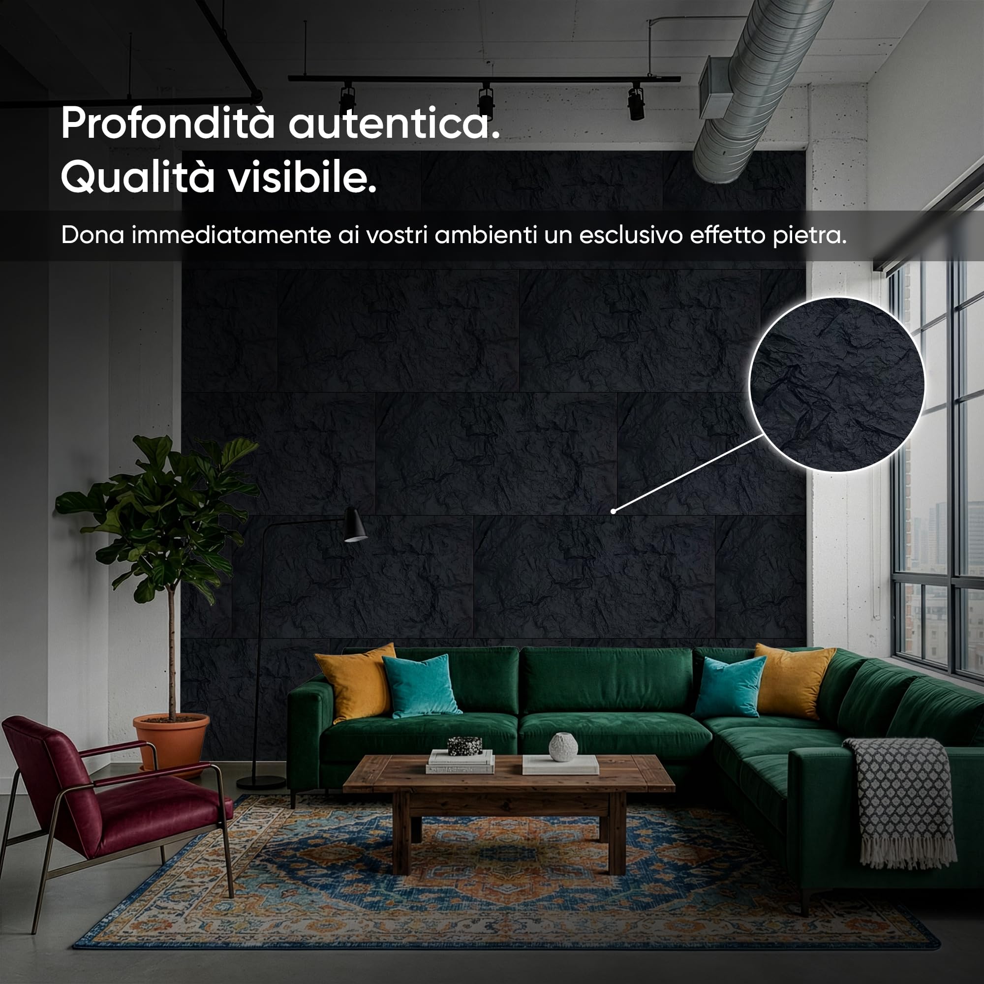IZODEKOR Pannelli PU a Parete Effetto Pietra 60x120 cm | 5 cm di Spessore | Pannelli a Parete 3D Nero | Rivestimento a Parete Effetto Pietra per Interni | Pannelli PU in Pietra Naturale | NIGHT STONE