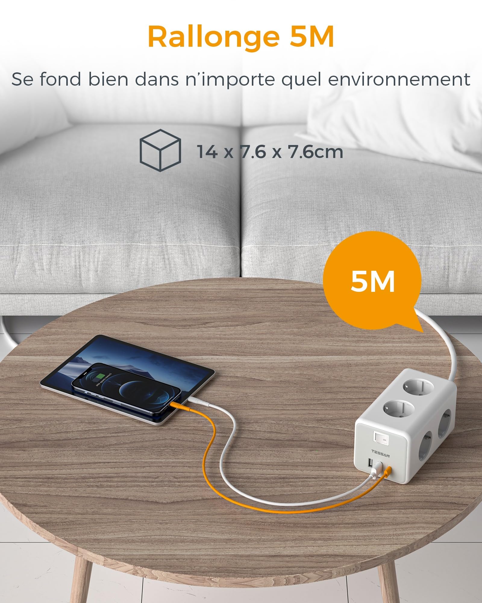 TESSAN Multiprise USB C 9 en 1, 6 Sortie AC, 3 USB, Gris