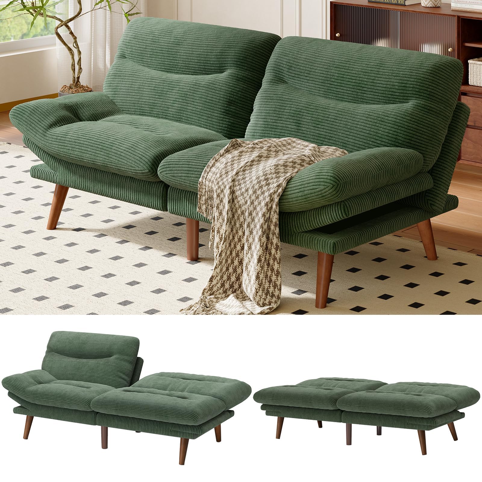 AMADA 66"Convertible Futon Sofa Bed, Corduroy Folding Futon Set with Adjustable Backrest &Armrests, Recliner Lounge for Living Room, Apartment or Office, Solid Wood Frame, Loveseat Sofa -Forest Green | Corduroy