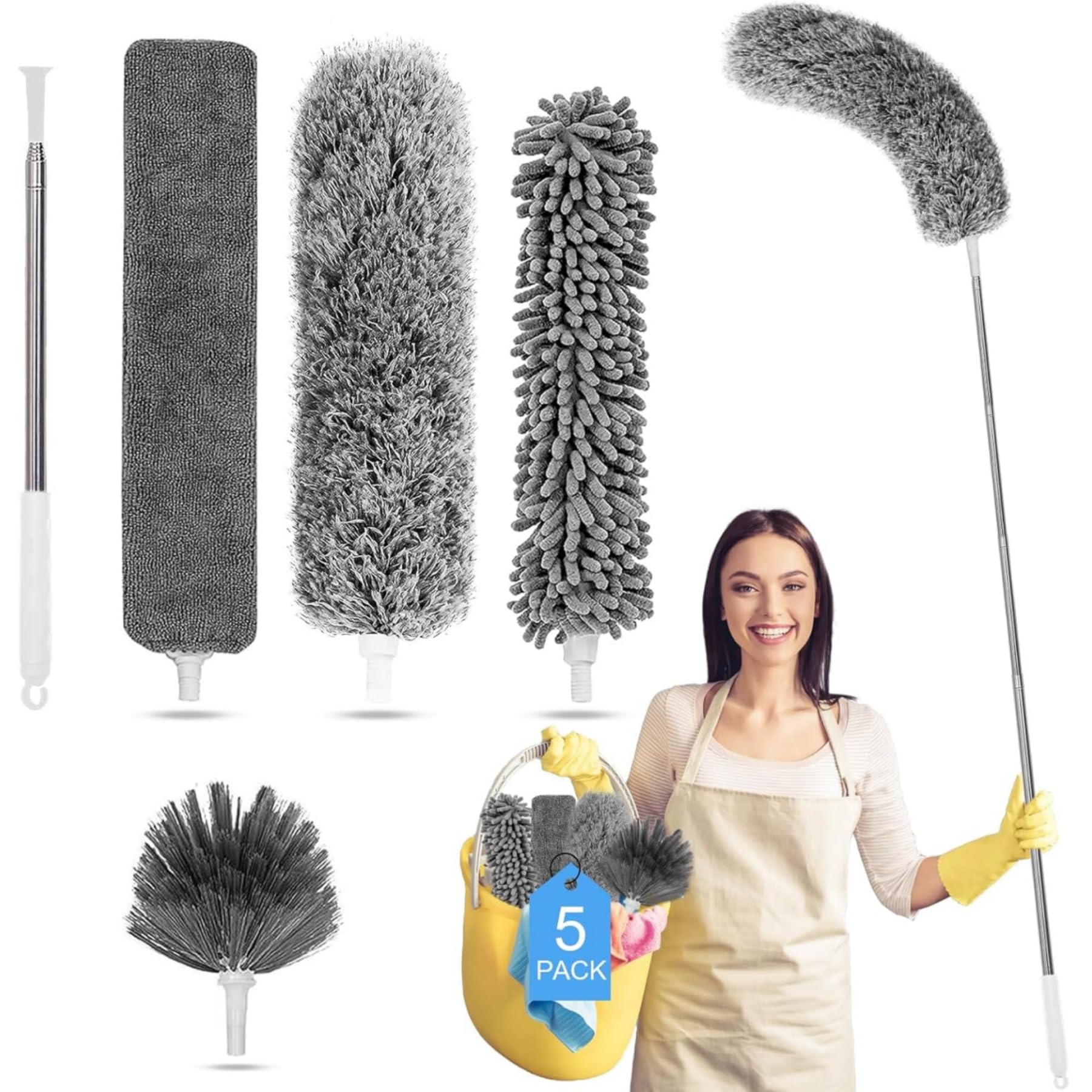 Tiumso Plumero de microfibra 5 en 1, plumero para limpieza, plumero con poste de extensión de 100 pulgadas, plumero de telaraña, plumero de microfibra para techos altos y ventiladores, persianas,