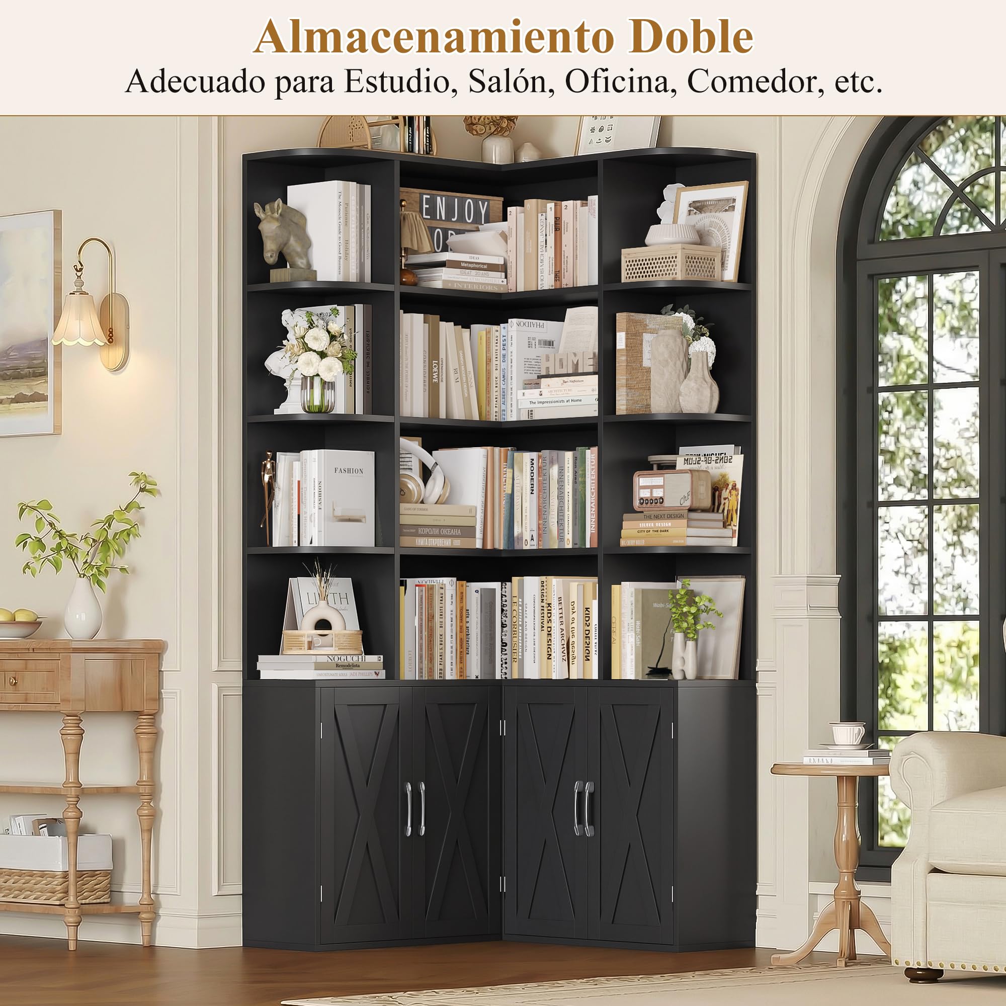 FirFurd 187cm Estantería Esquina, 4 Puertas 12 Compartimientos Negro | Estantería Libros de 5 Niveles alta Estantería Esquina, Grande Mueble Almacenaje para Salón, Oficina, Estudio 187Al.x80x80cm