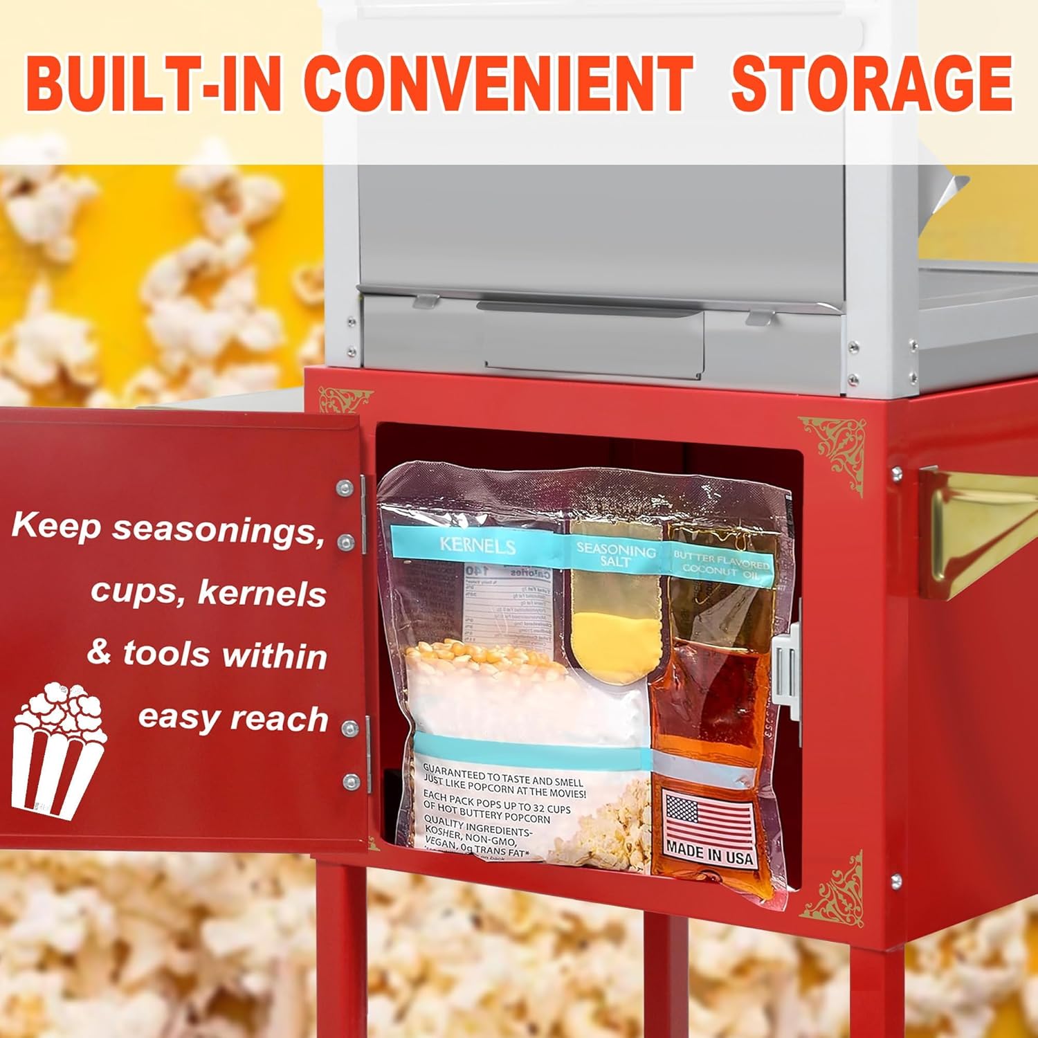 Commercial Popcorn Machine with Cart & Wheels 丨 Popcorn Maker with 22OZ Stainless Steel Kettle丨 Pop corn Machine Maker for Home, Theater, Parties, Red