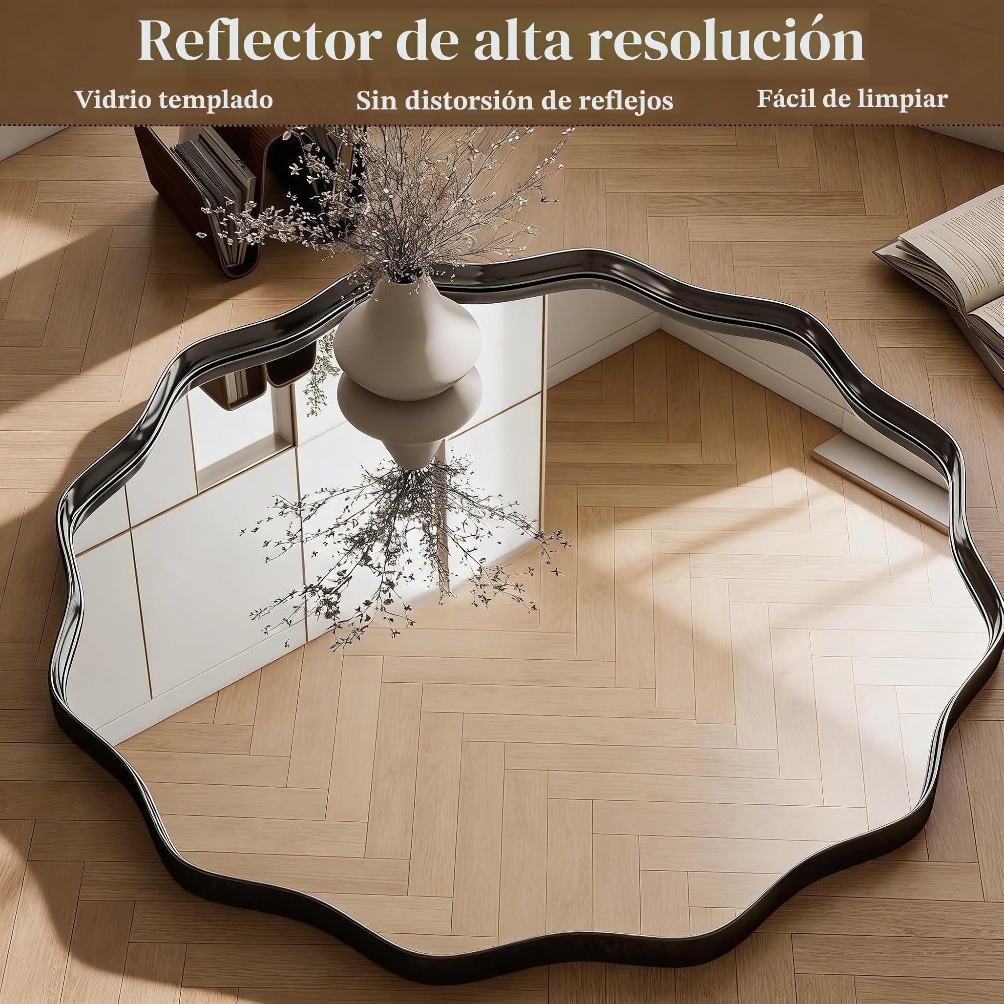 Espejo Redondo Grande 90cm | Borde Ondulado con Marco de Metal Texturizado | para Colgar o Colocar en la Pared | Ideal para Baño, Entrada, Sala de Estar | Diseño Elegante y Original