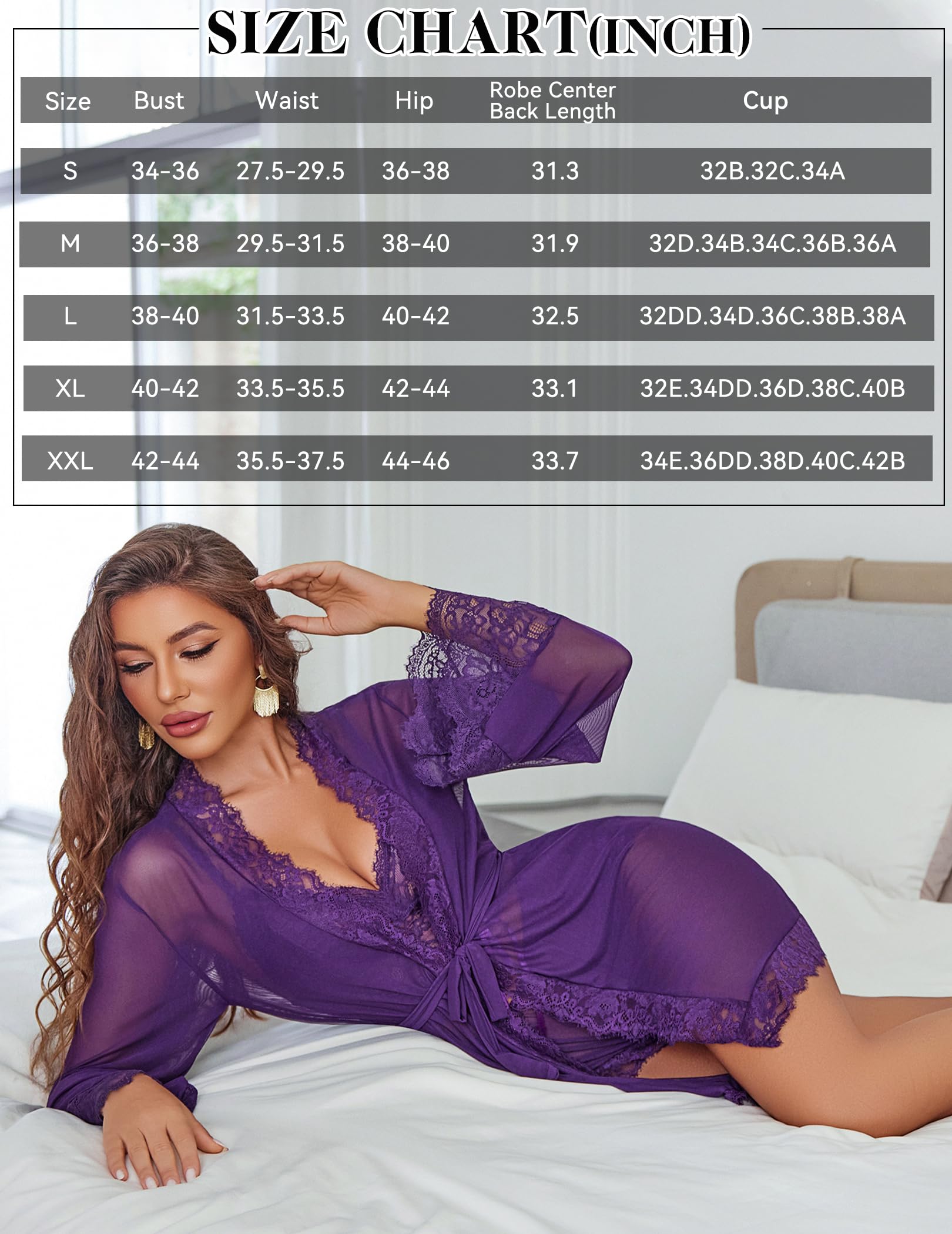 Avidlove Women Sexy Lingerie Set 3 Piece Lace Bralette and Panty Sets With Mesh Kimono Robe Sleepwear Exotic Nightgown: Medium Purple