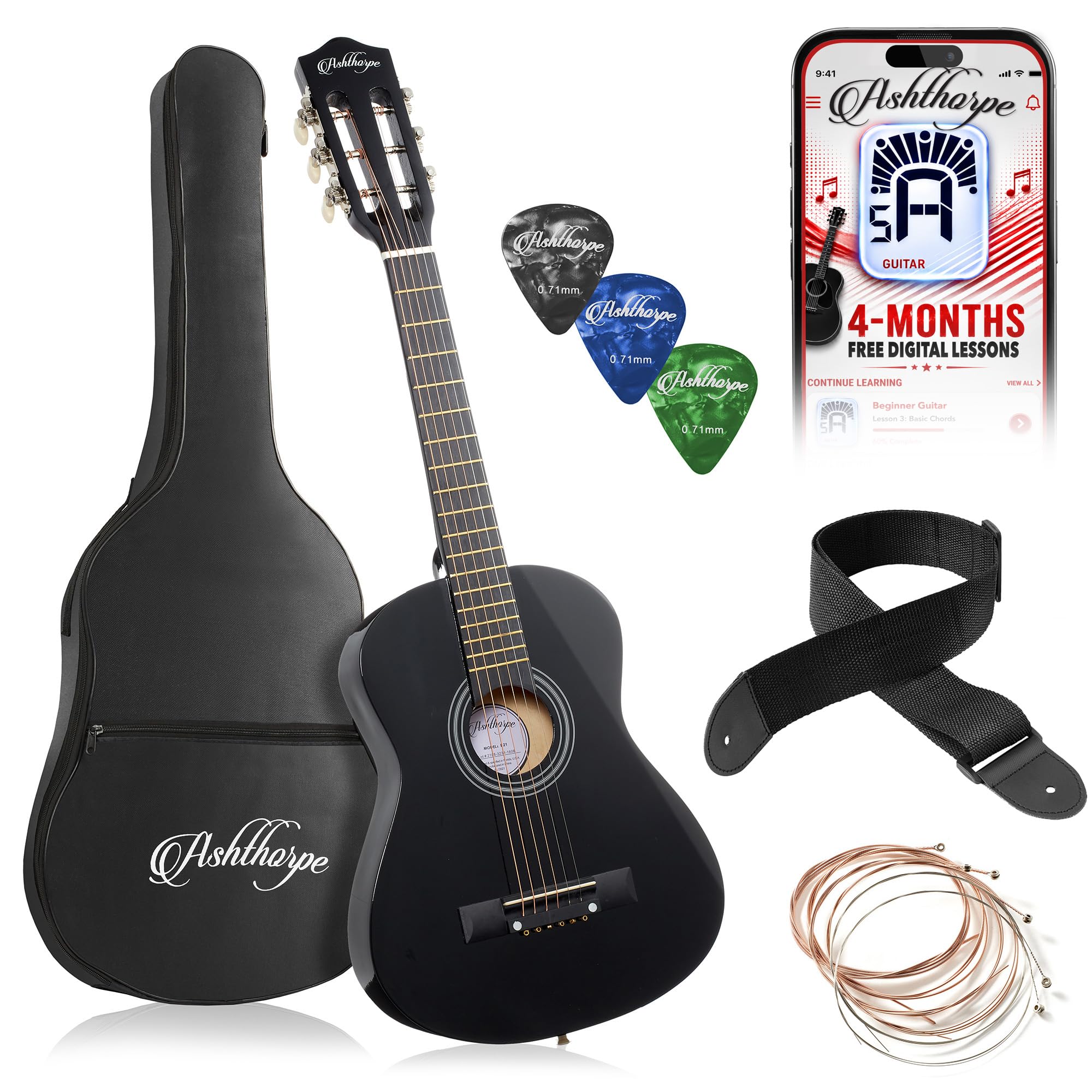 Ashthorpe 30-inch Kids Acoustic Guitar (Black), Beginner Starter Kit with Gig Bag, Extra Strings, Strap, Picks, and Lessons