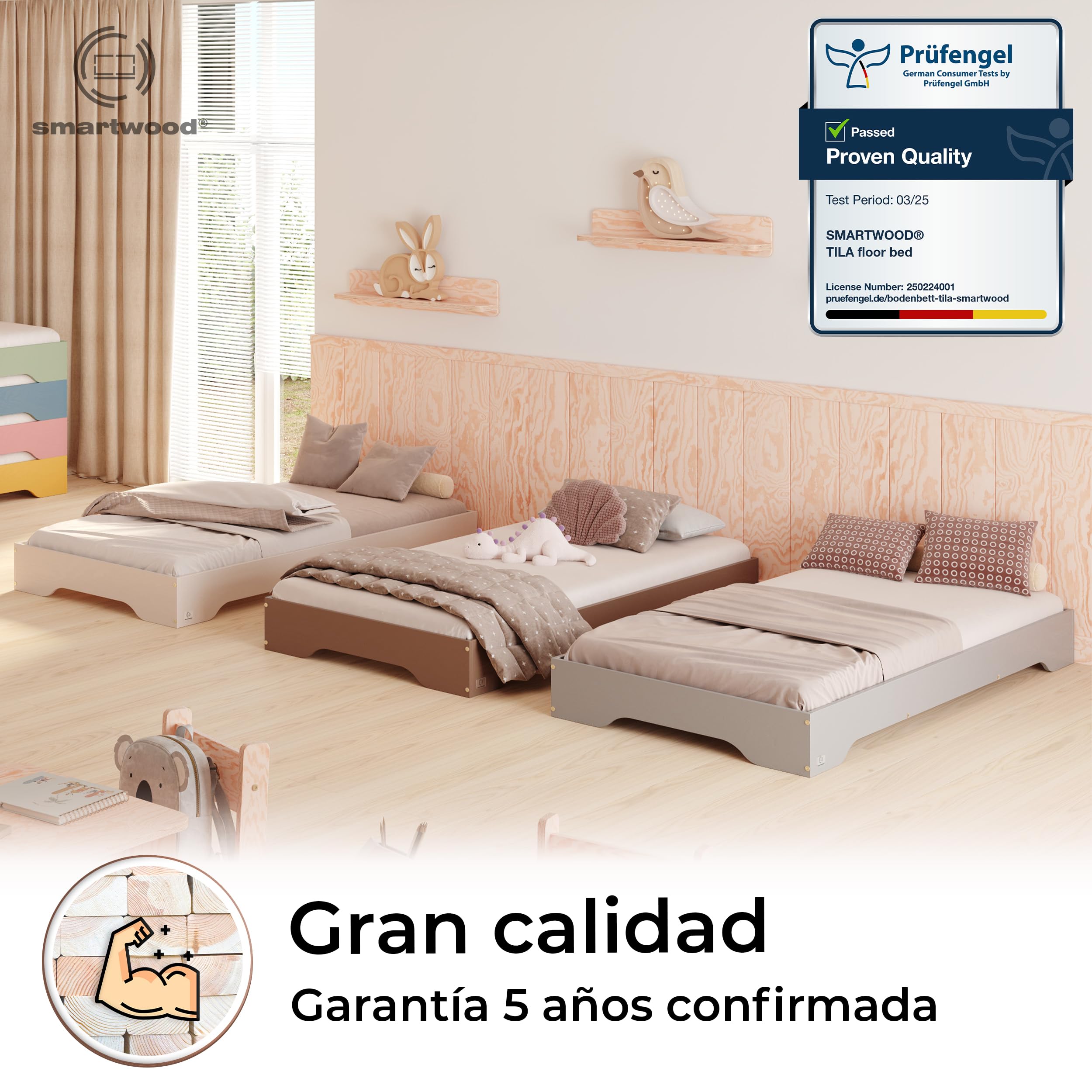smartwood Cama Montessori 140x200 cm - Cama Infantil de Madera de Pino Certificada FSC con Somier de Listones - Capacidad de Carga 300 kg - para Niño y Niña - Montaje Sencillo - TILA 7