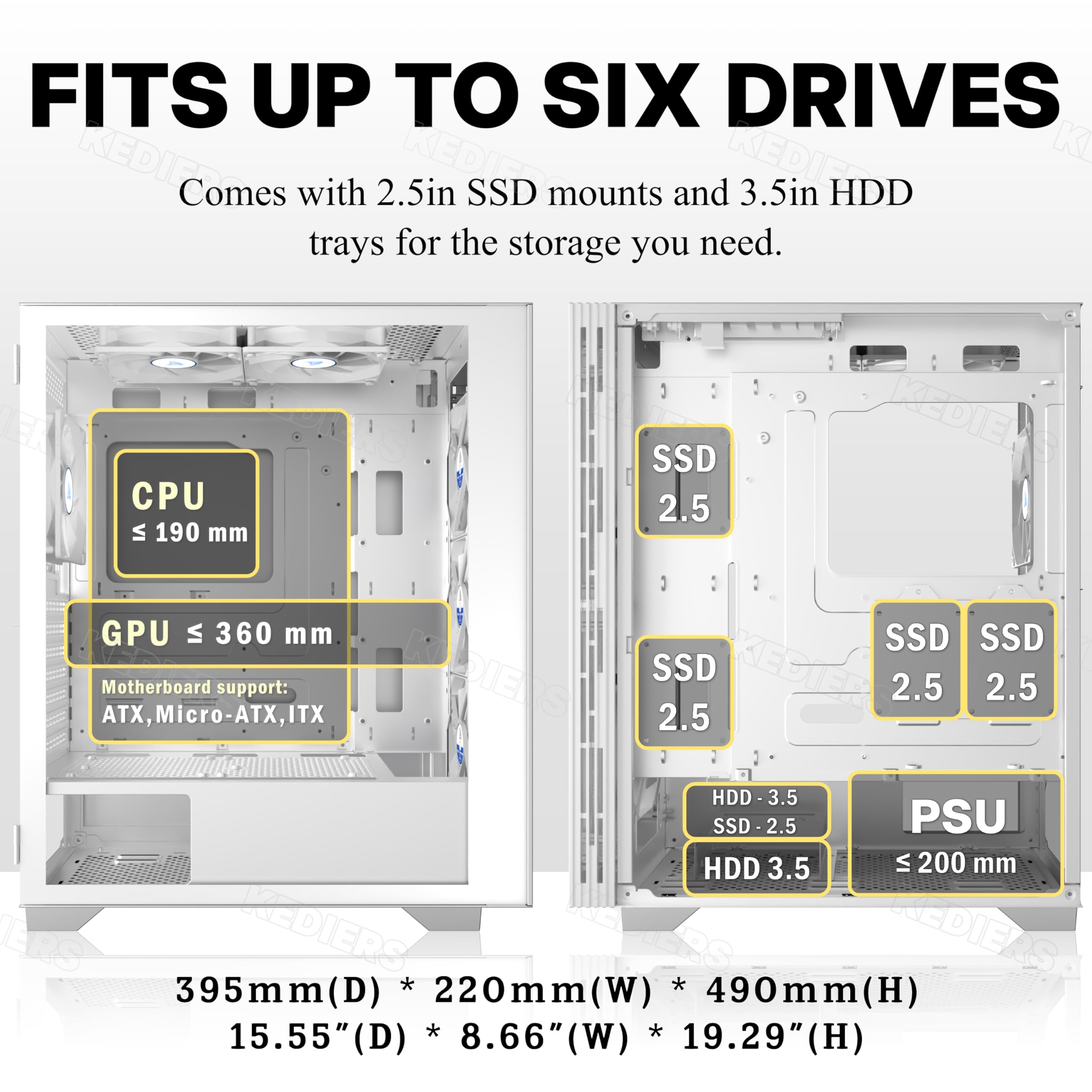 KEDIERS Case PC - 6 ventole PWM preinstallate, custodia da gioco ATX Mid Tower Case per computer a rete con aperture laterali in vetro temperato, G300, bianco
