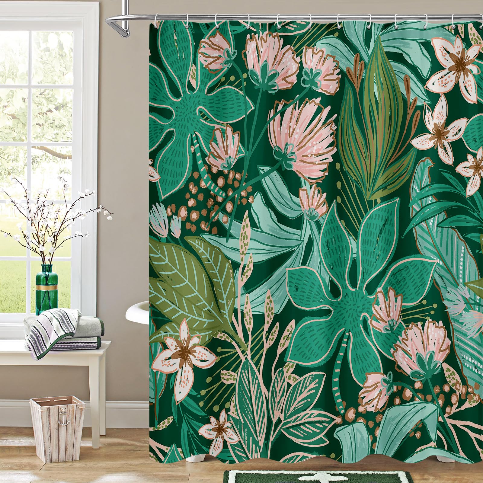Boho Floral Shower Curtain, Dark Emerald Botanical Fabric Curtain, 72 x 72