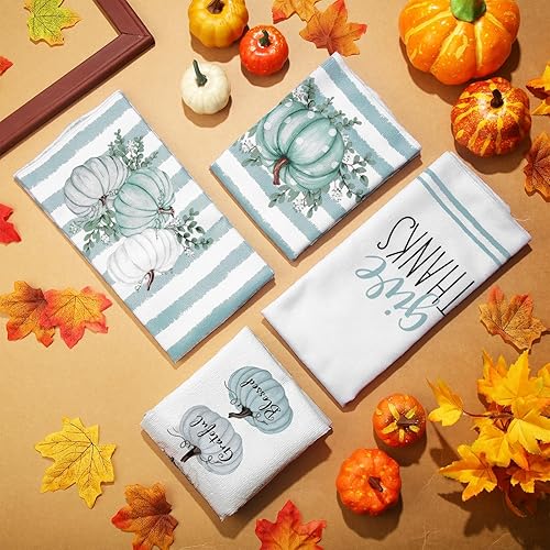 Miniatura 6 de Peryiter 4 toallas de cocina de otoño con diseño de calabaza con diseño de rayas azules de 16 x 24 pulgadas, toallas de cocina decorativas para
