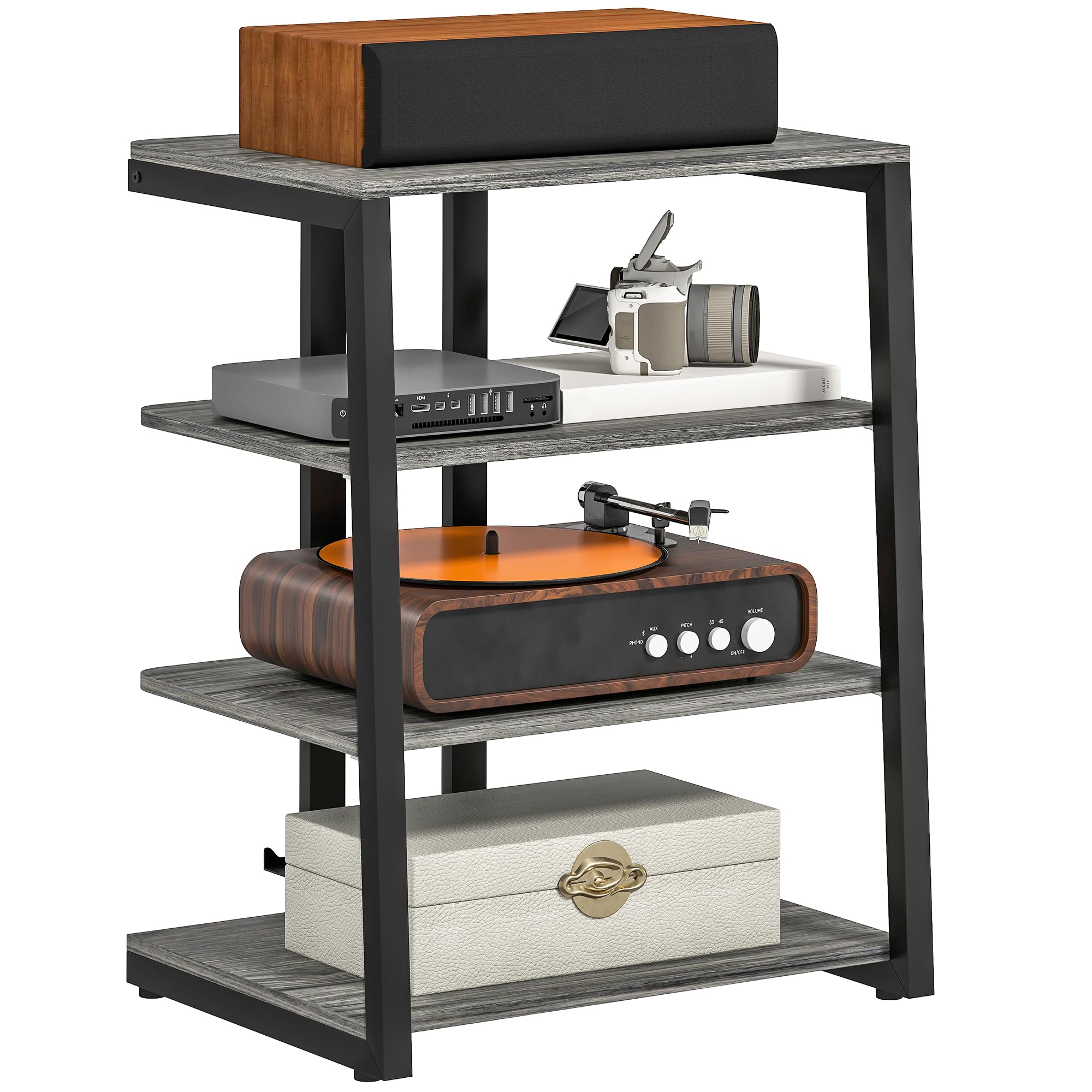 HOMCOM HiFi Stand, 4-Tier Media Storage Shelf with Adjustable Shelves, Power Strip Rack for Router, Record Player, Printer, Industrial TV Stand for up to 28 Inch TVs, Dark Grey