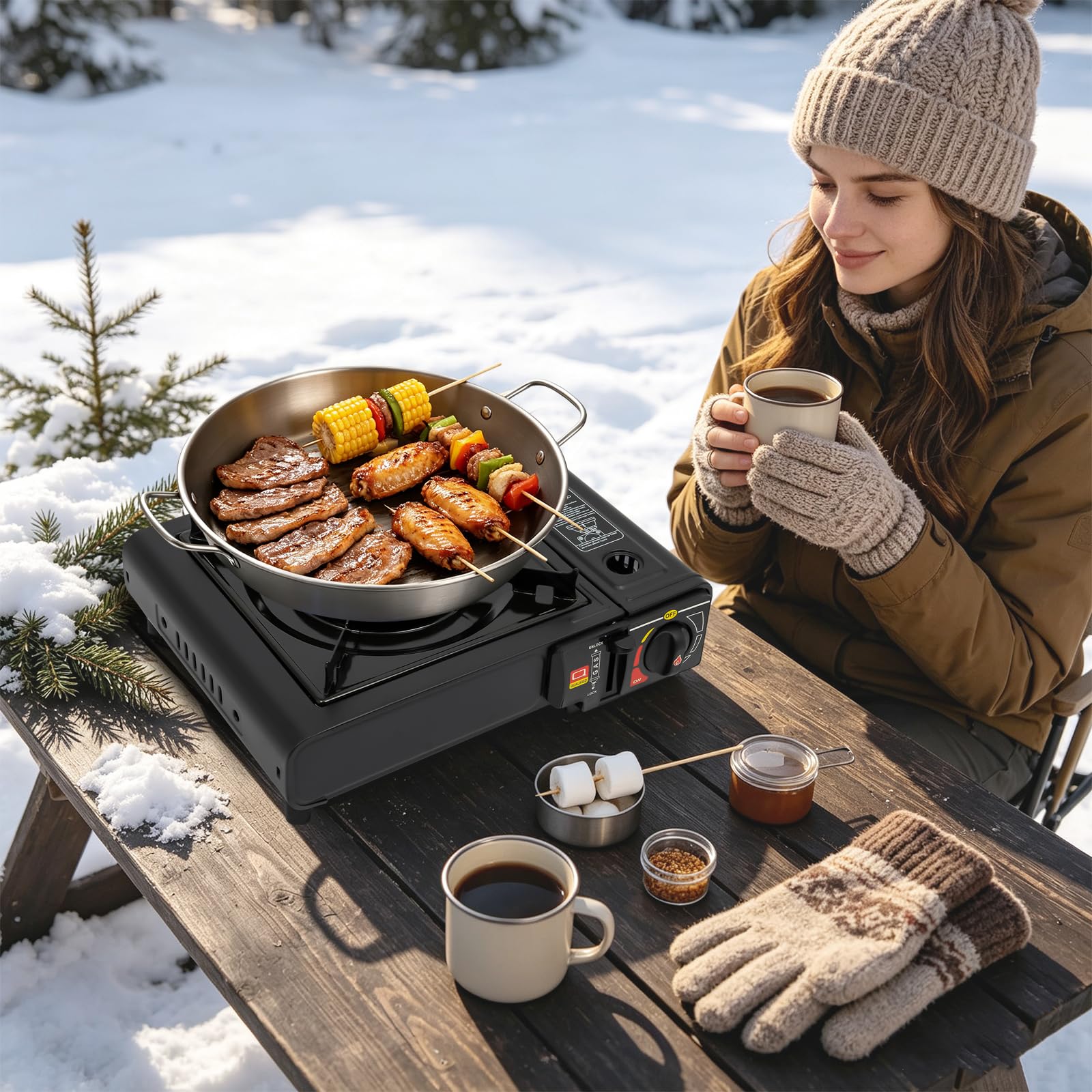 Hornillo portátil de gas Stove, compacto de aluminio LPG/gas butano, hornillo de gas para camping al aire libre, cartucho universal con encendido piezoeléctrico, patas antideslizantes y asa de