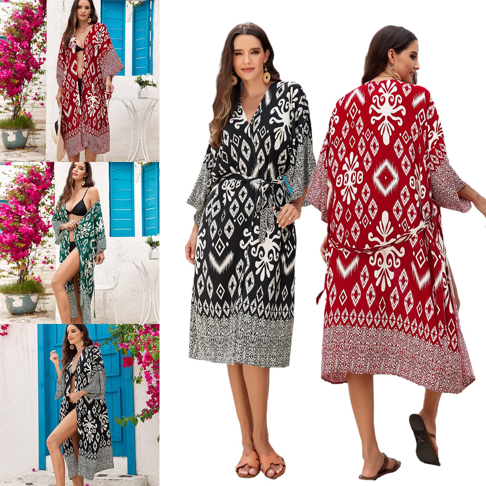 Traje de baño tipo kimono de manga larga para mujer, estampado geométrico, frente abierto, holgado, chal, vestido de playa con cinturón