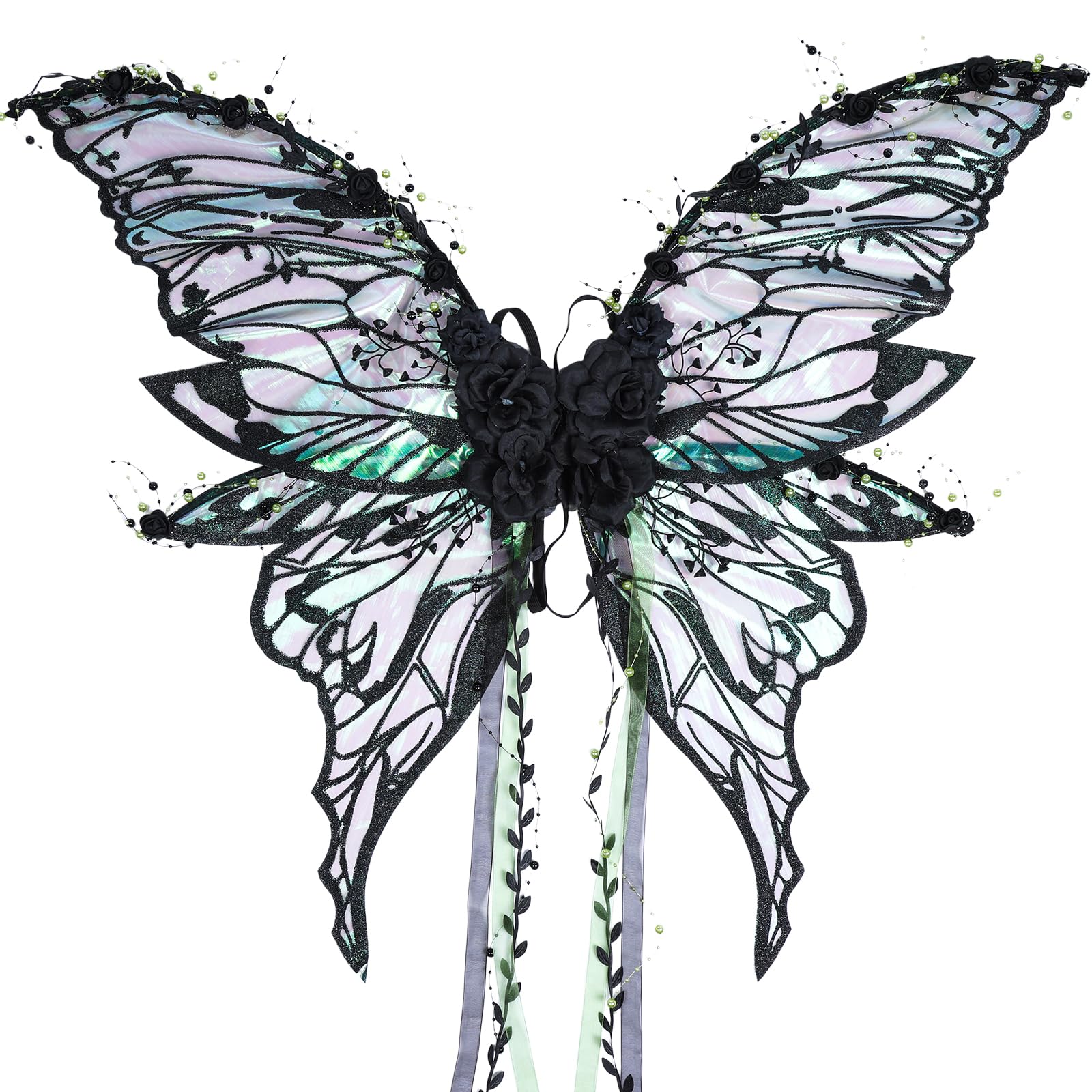 Adult Women Fairy Wings Butterfly with Black Flowers Beaded Tassel Forest Elf Fancy Dress Renfaire Costumes Photo Shooting Party Outfit