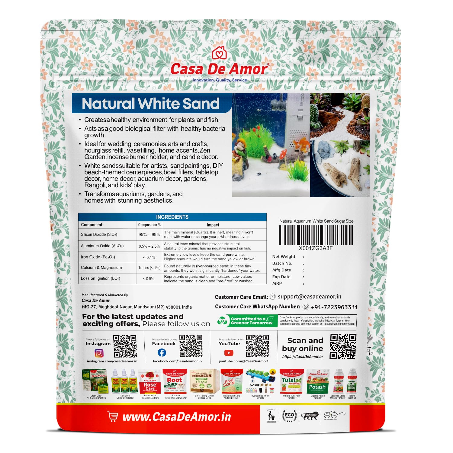 Casa De Amor Natural Aquarium White Sand Sugar Size for Freshwater Fish Tank/Decoration/Terrarium/Paintings/Plants Potted/Lawn & Garden/Fire Pits/Candle/Vase Filler and Crafts (1800 gm) 1