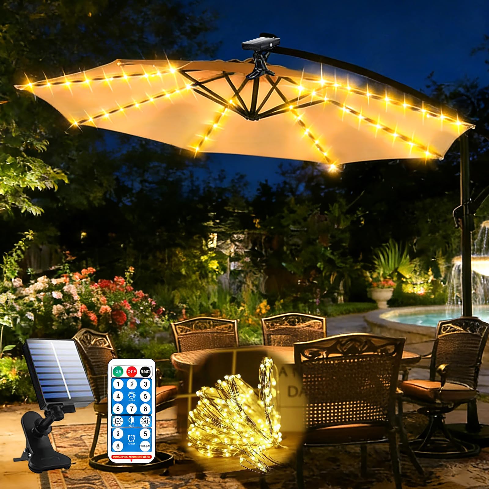 Sonnenschirm Beleuchtung Solar Sonnenschirm Beleuchtung mit Fernbedienung, 104 LEDs 8 Modi LED Sonnenschirms Lichter, Wasserdichte Solar-Regenschirm-Lichter für Campingzelte Außen und Innen Deko Licht
