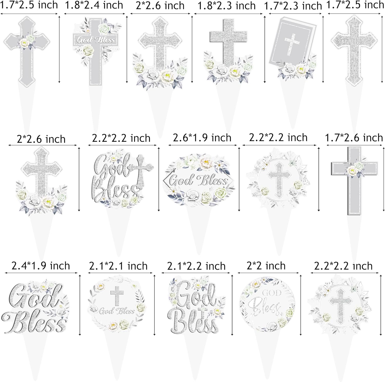 God Bless Floral Cupcake Toppers Silver Easter Cross Party Cake Decorations Christian Baptism Theme Party Decor 48Pcs Wreath God Bless Cupcake Picks for First Holy Communion Baby Shower Supplies