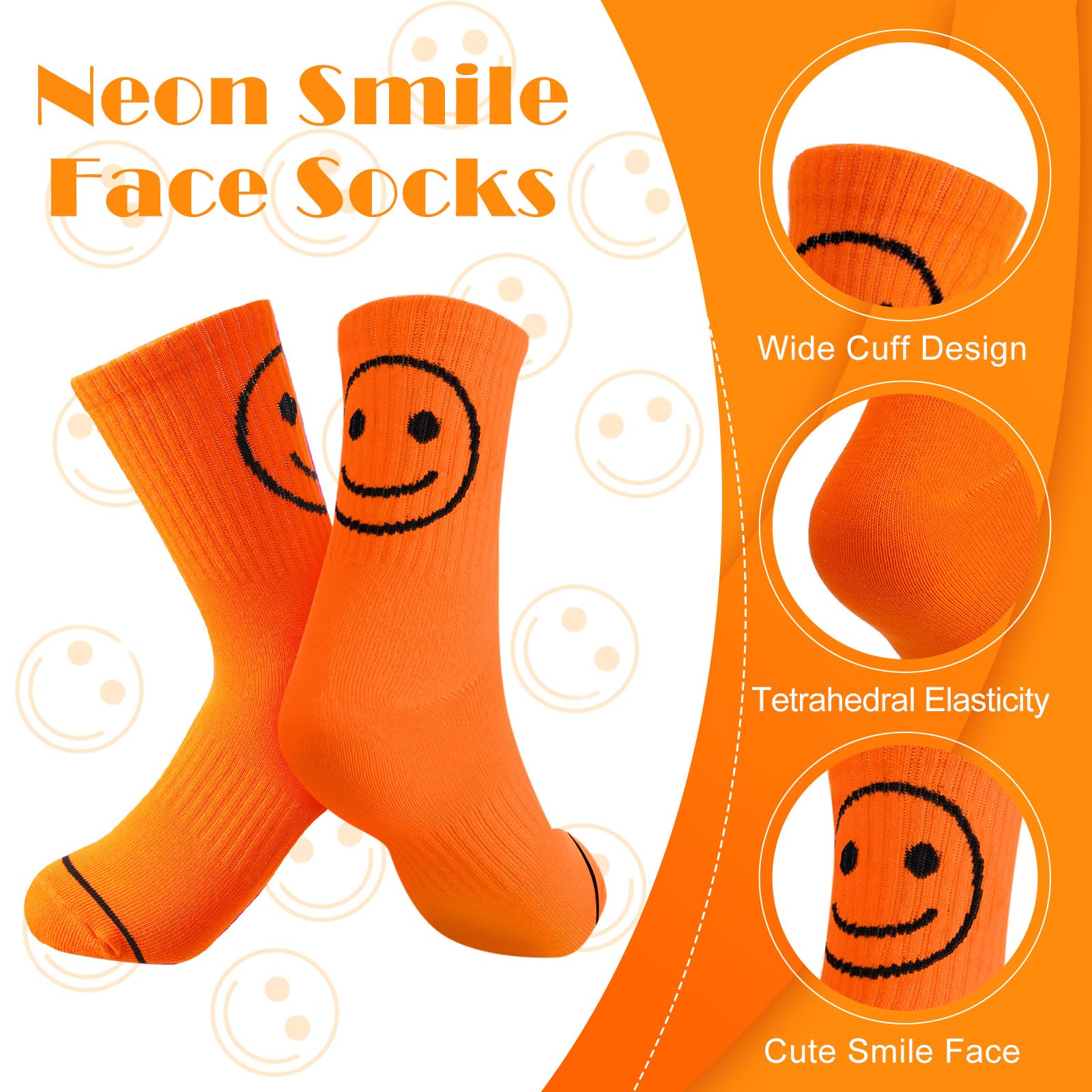 ShinyMatch 12 Pairs Neon Socks Cute Smiling Face Socks Neon Smile Face Socks Novelty Neon Crew Socks for Women Teen Girl