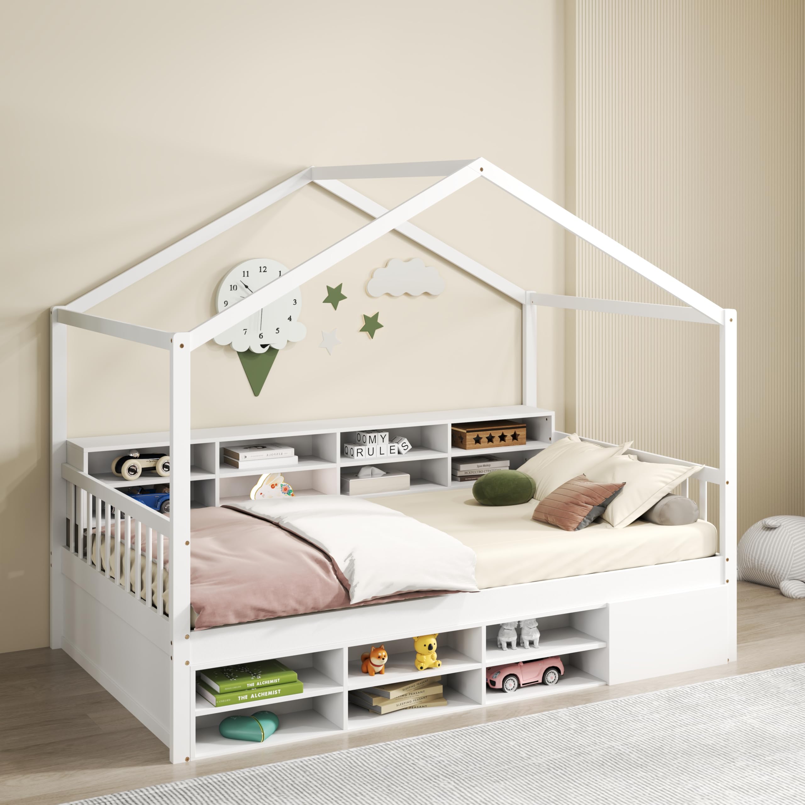 Giantex Canbana-Bett für Kinder, 115 x 200 cm, Bodenbett aus Holz mit Barriere, 14 Aufbewahrungswürfel, Schrank, 10 Latten, Design in Hausform, Belastung 200 kg, Montessori-Bett für Mädchen, Jungen,