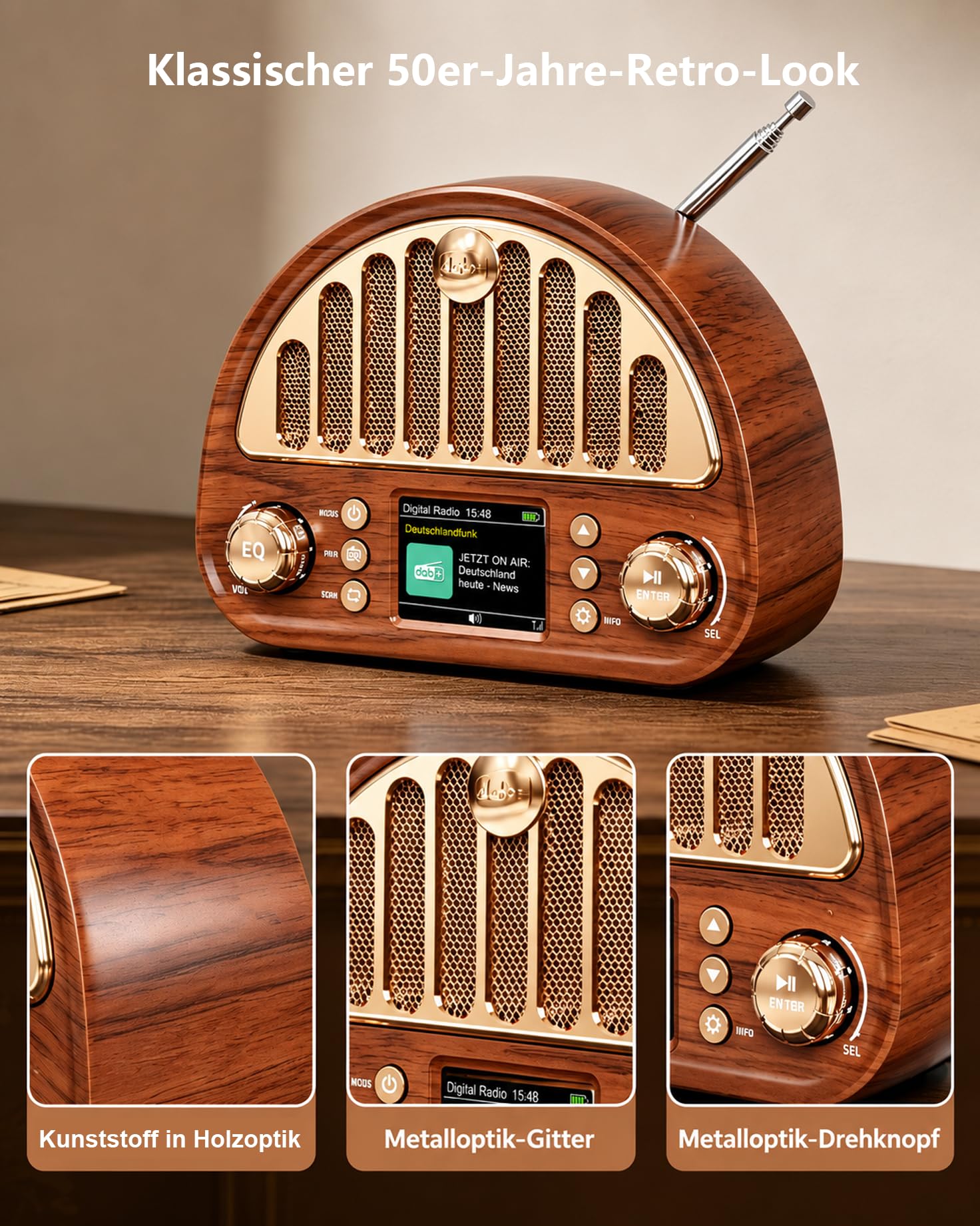 Radio Vintage DAB+/FM Bluetooth Portable, Poste Radio Numérique avec Batterie Rechargeable 3000 mAh, Double Réveil