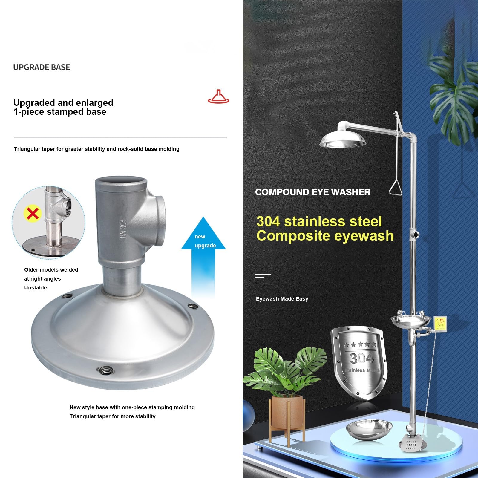 Station de Lavage oculaire d'urgence en Acier Inoxydable à entrée Unique avec pédale et Douche combinée pour Usage en Laboratoire et Industriel,