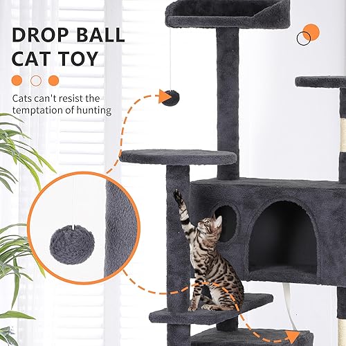 Vista 119 de BestPet Torre de árbol para gatos de 54 pulgadas Beige Resistente y fácil de montar, centro de actividades de varios niveles con postes