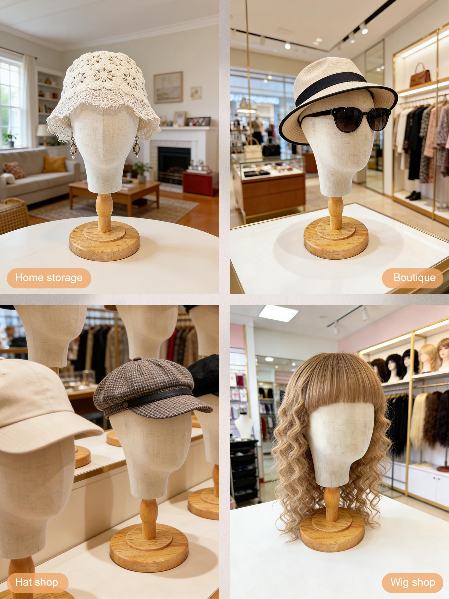 Support de tête de perruque en toile 21 pouces avec support en bois amovible pour chapeaux et perruques