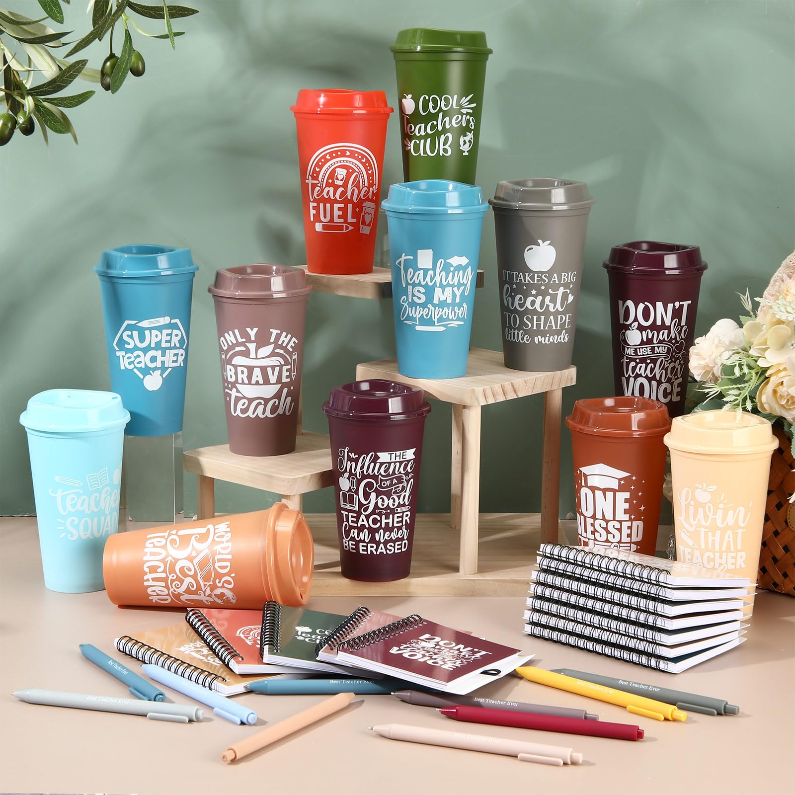 LemonRoad 36 tazze da caffè in plastica con coperchio, cannuccia, quaderni e penna, per insegnanti, festa degli insegnanti, set regalo di ringraziamento per consulente mentore (desiderio