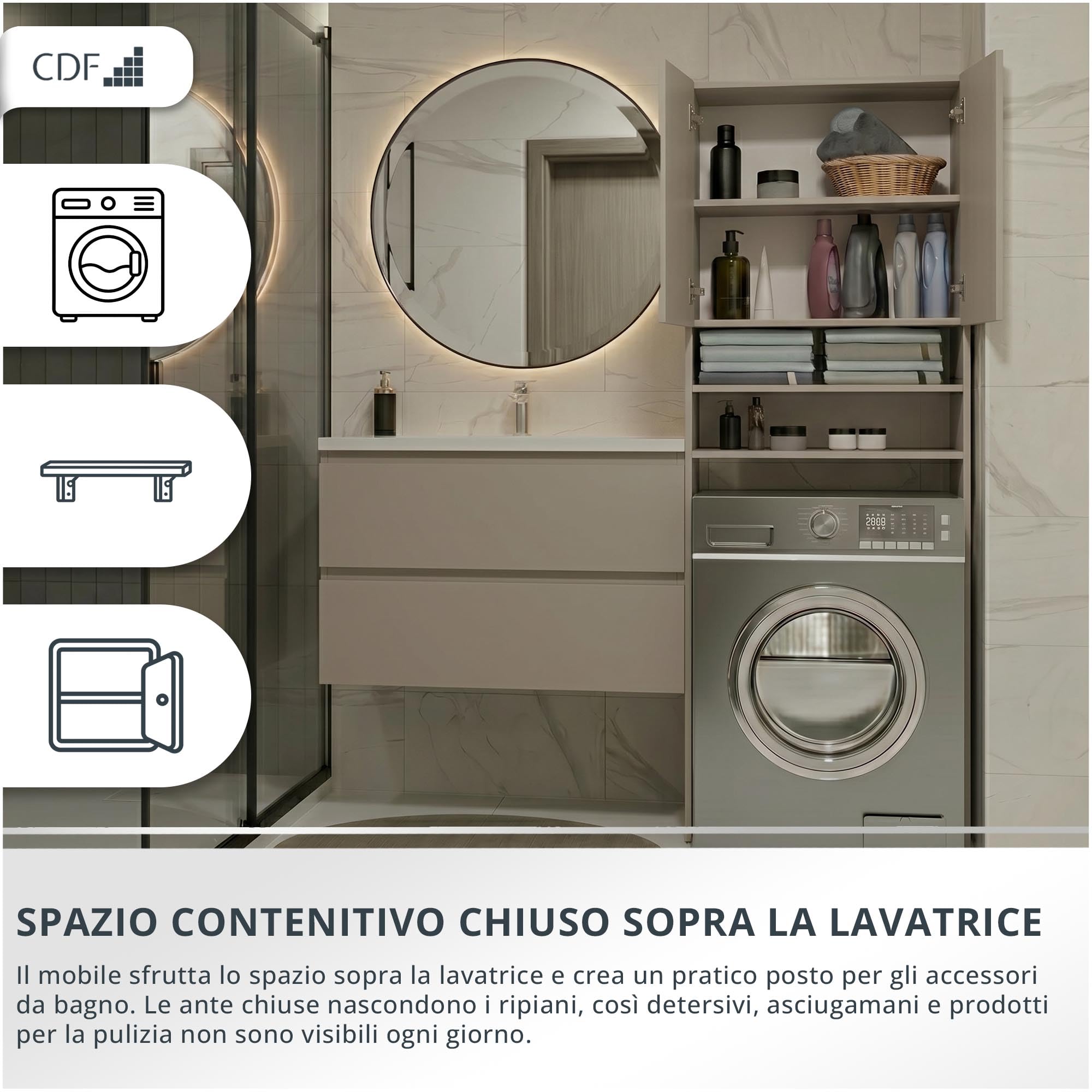 CDF Mobile da Bagno Armadio Sopra Lavatrice con Ante Corte e Ripiani Mobile Contenitore Alto Salvaspazio per Bagno Lavanderia Corridoio Garage Studio Ufficio Organizzatore Moderno – Cachemire