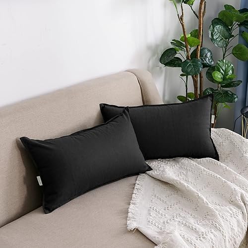 Jeanerlor Funda decorativa de cojín de lino y algodón natural, 12 x 20 pulgadas, con doble costura en el borde, para lumbar, (11.8x19.7 in), 2