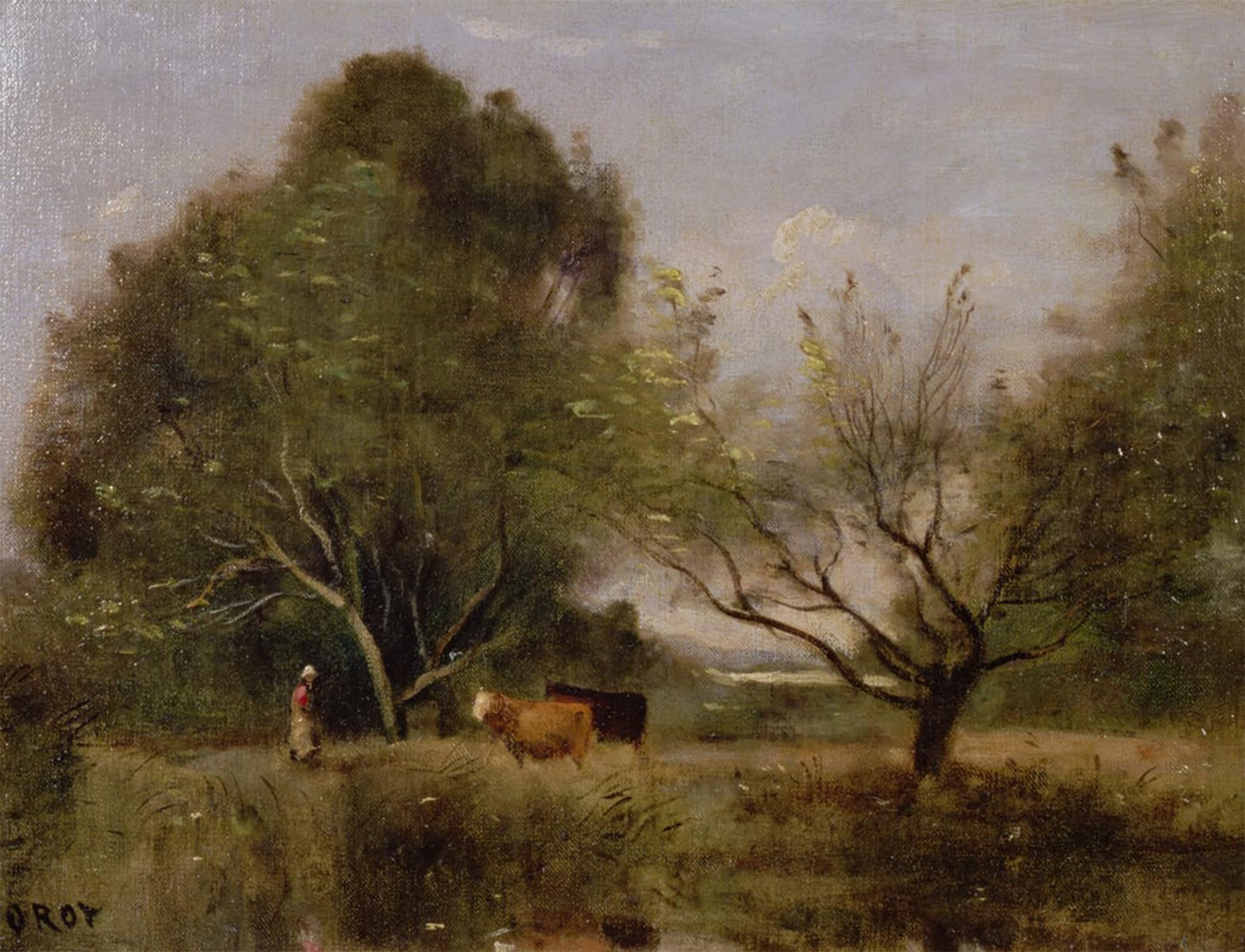 RZHRHJES Abstract Painting Poster Art Print Canvas Print Poster Landscape with Cattle by Jean Baptiste Camille Corot Landscape Canvas Painting for Office Decor 60x90cm